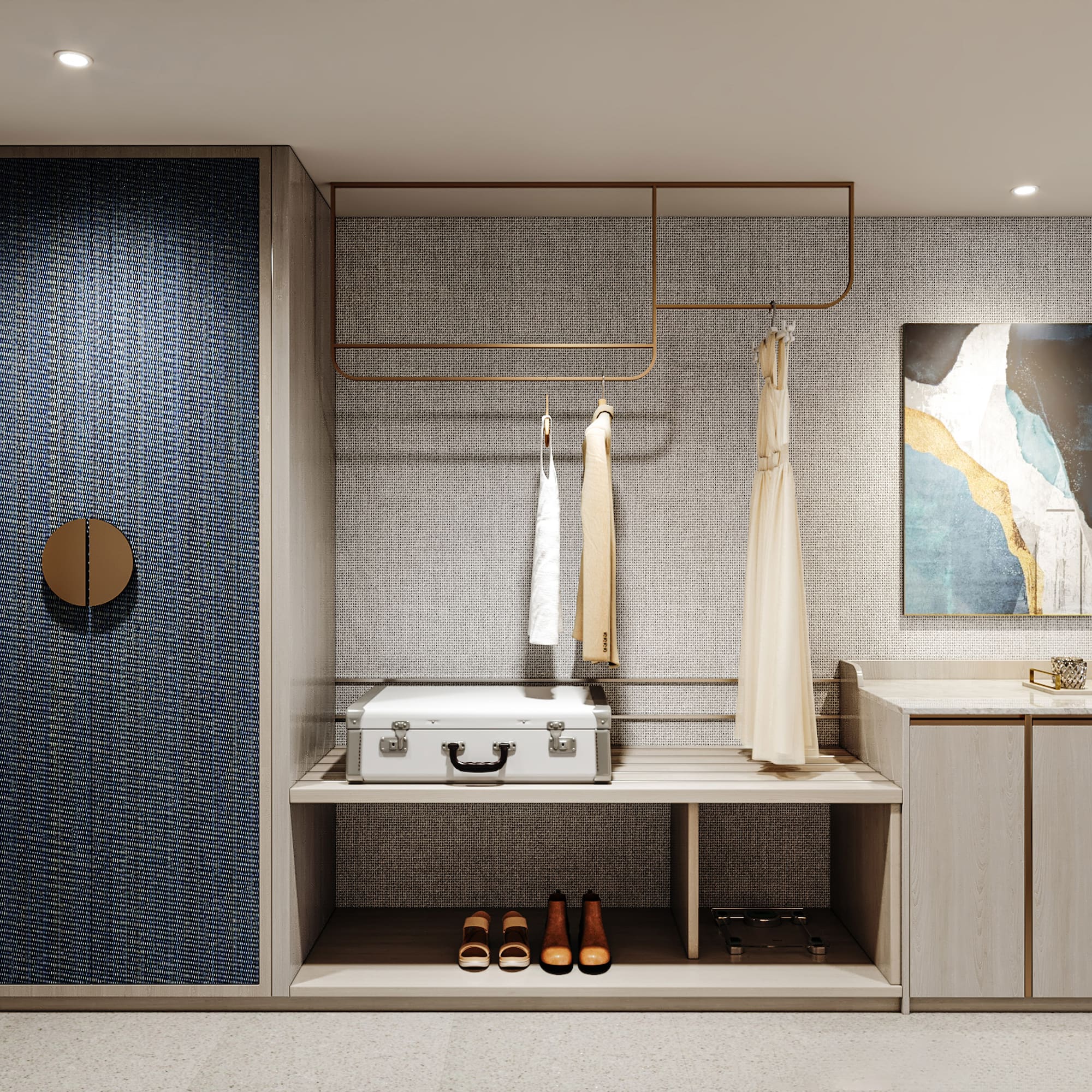 a room with a white suitcase and shoes on a shelf