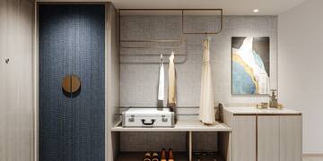 a room with a white suitcase and shoes on a shelf