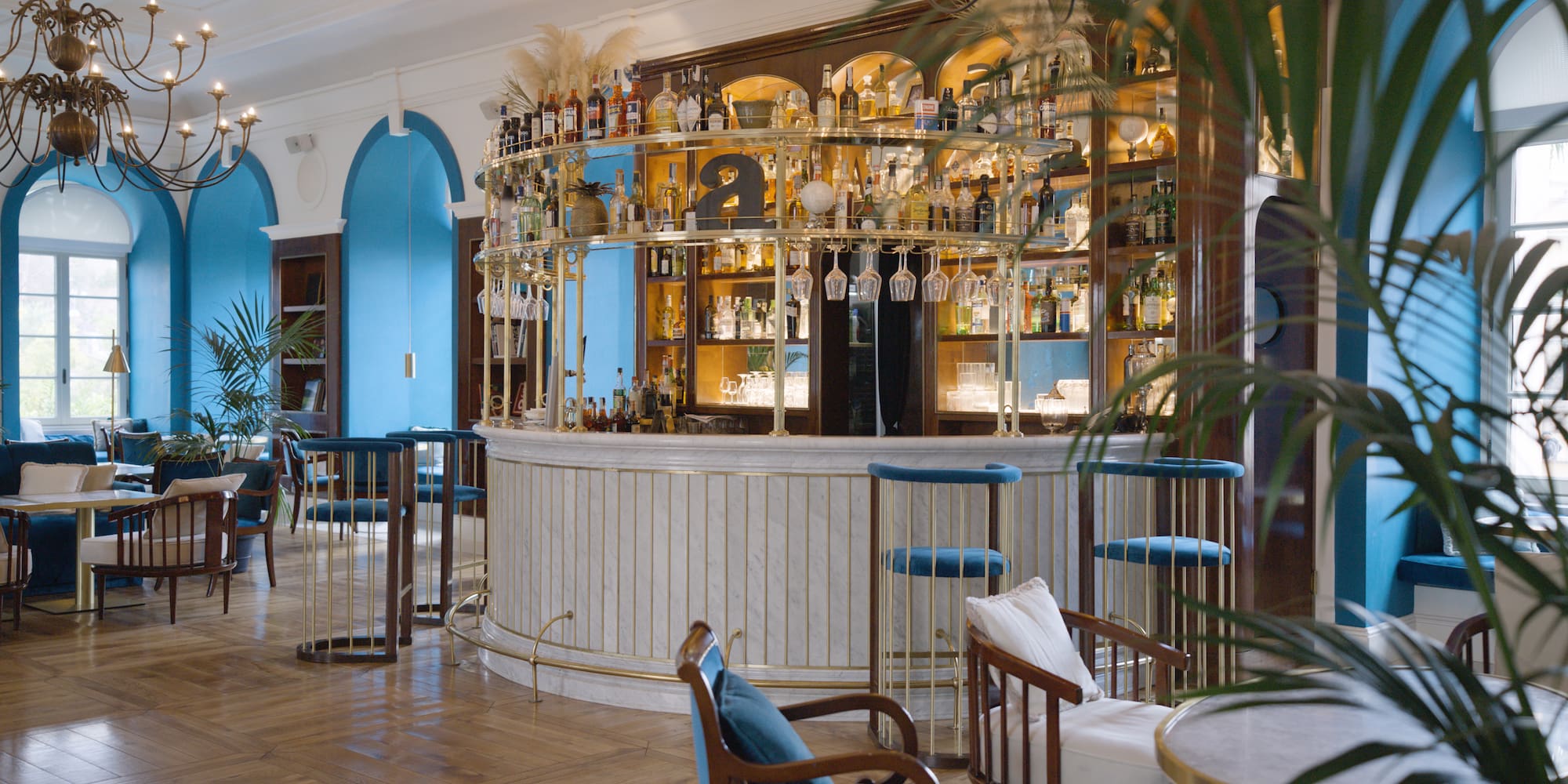 a bar with bottles on shelves