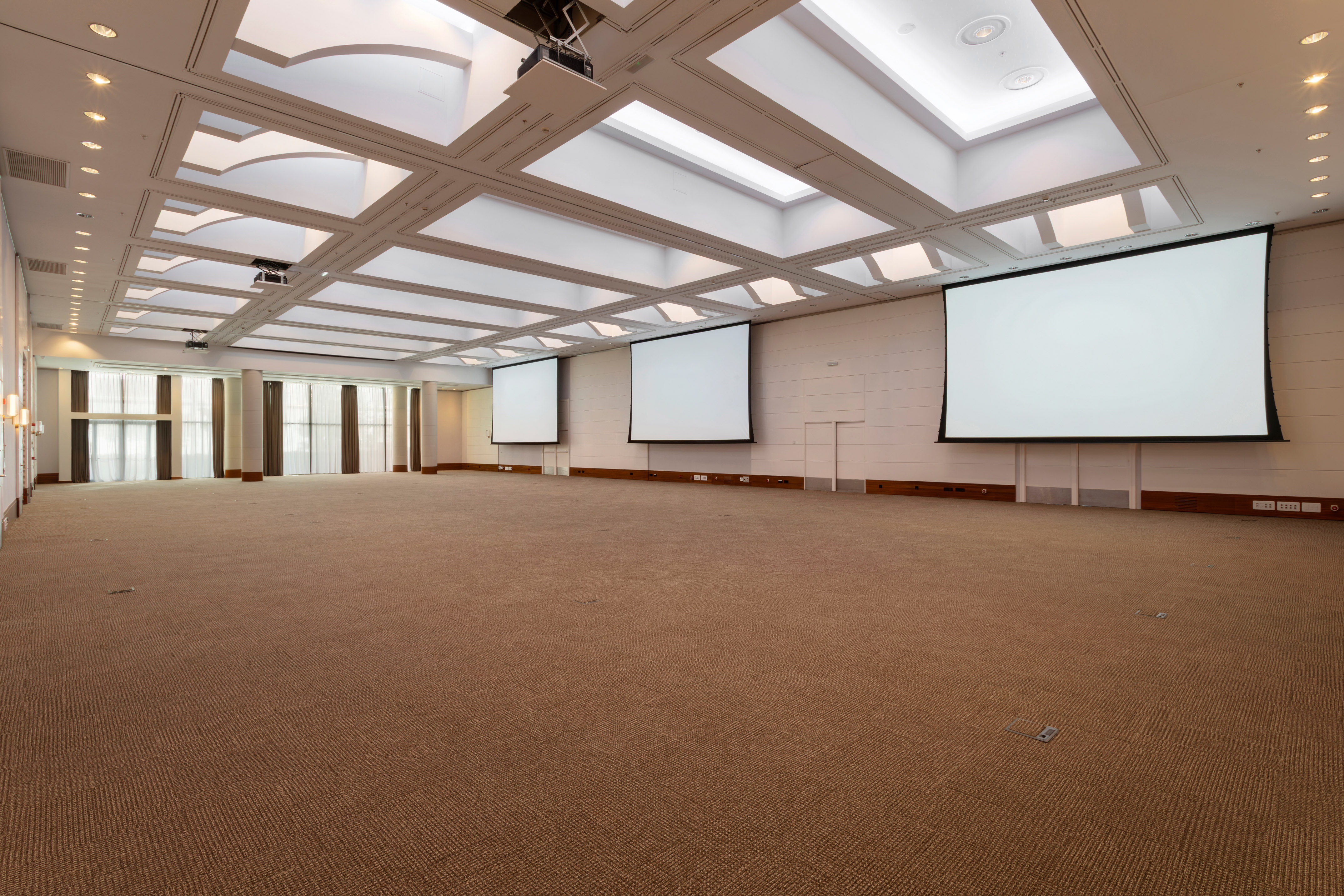 Modern meeting room with three projection screens and brown carpeted floor.