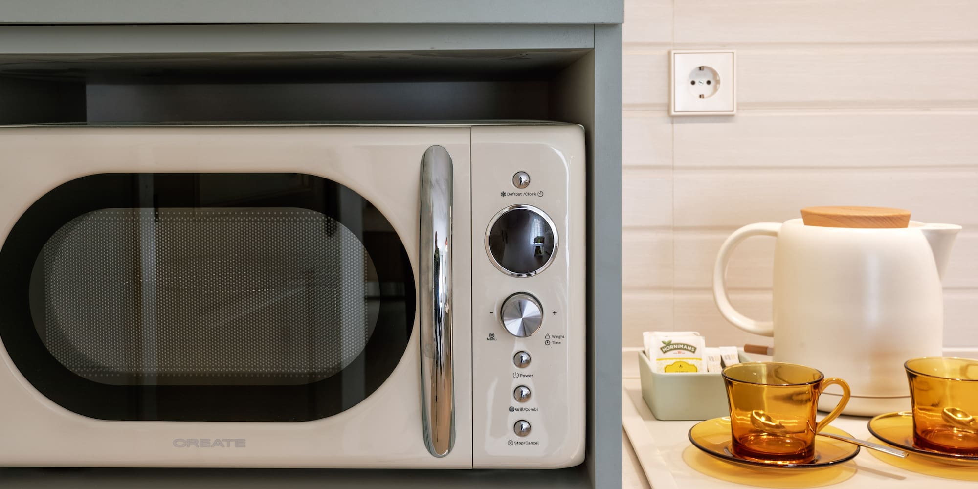a microwave on a shelf