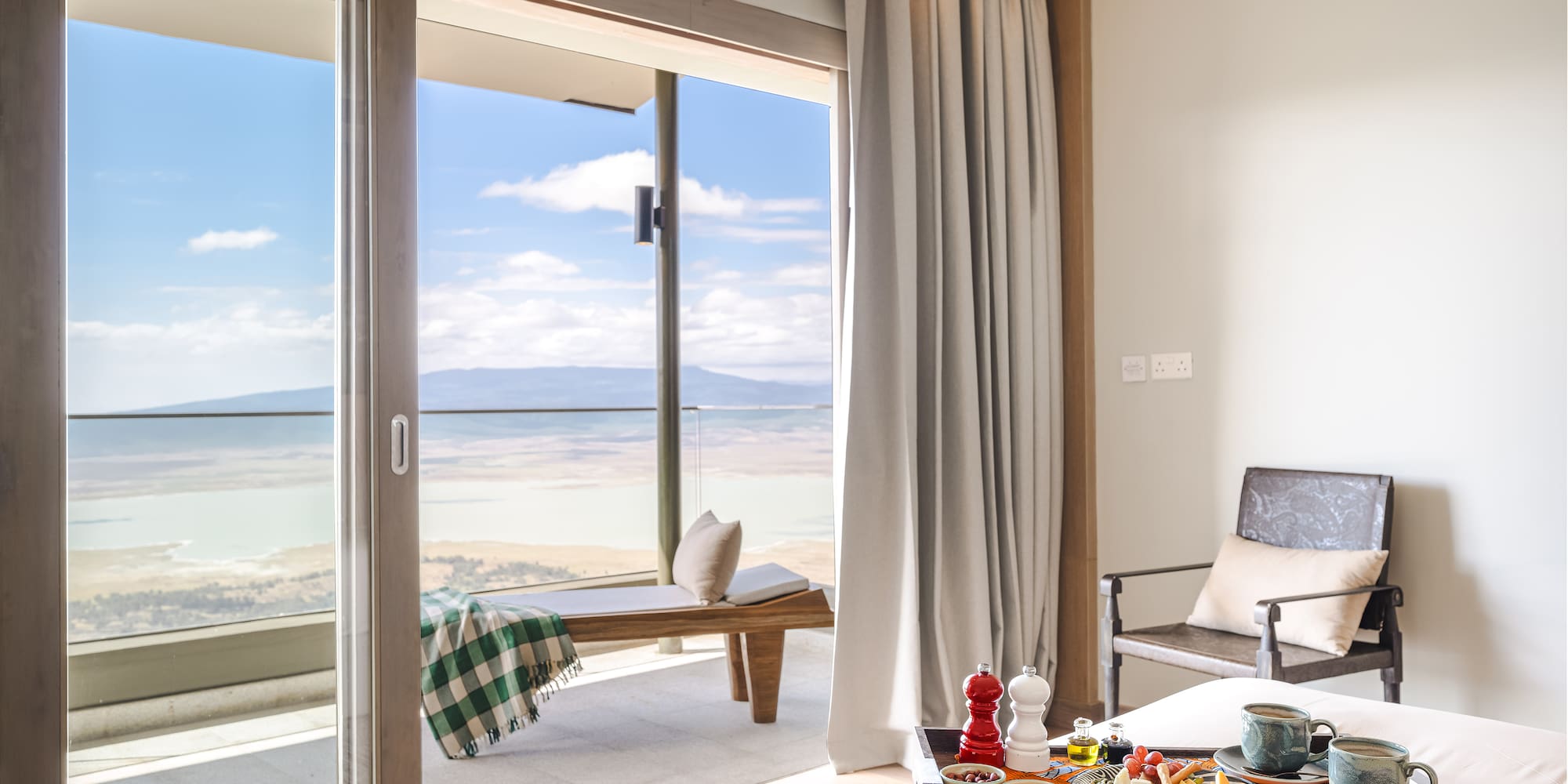 a tray of food in a room with a window