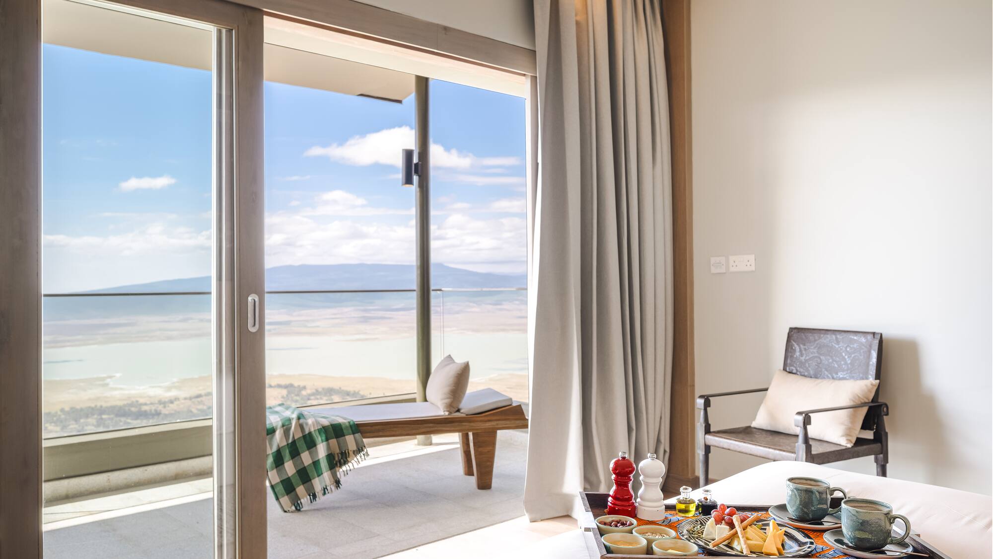 a tray of food in a room with a window