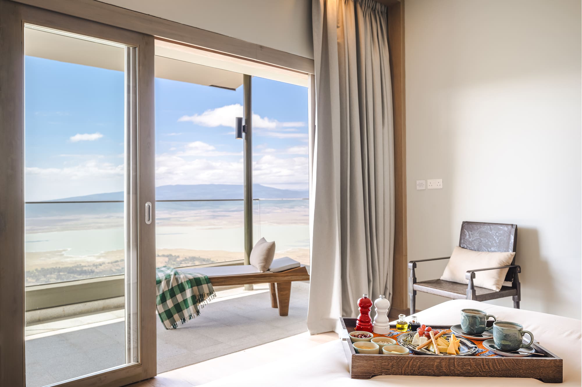 a tray of food in a room with a window