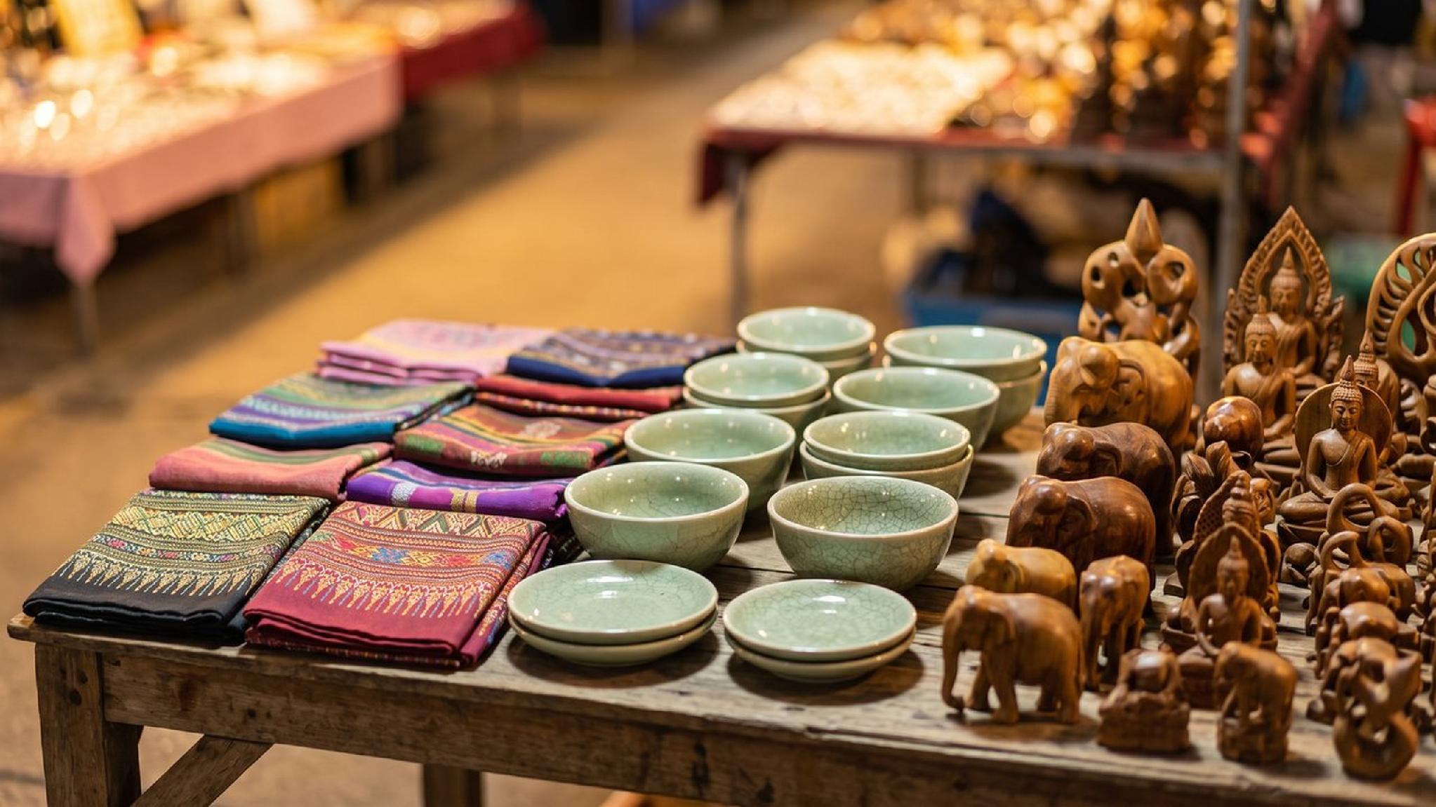 Market stall, patterned fabrics, green bowls, wooden elephant & Buddha carvings.