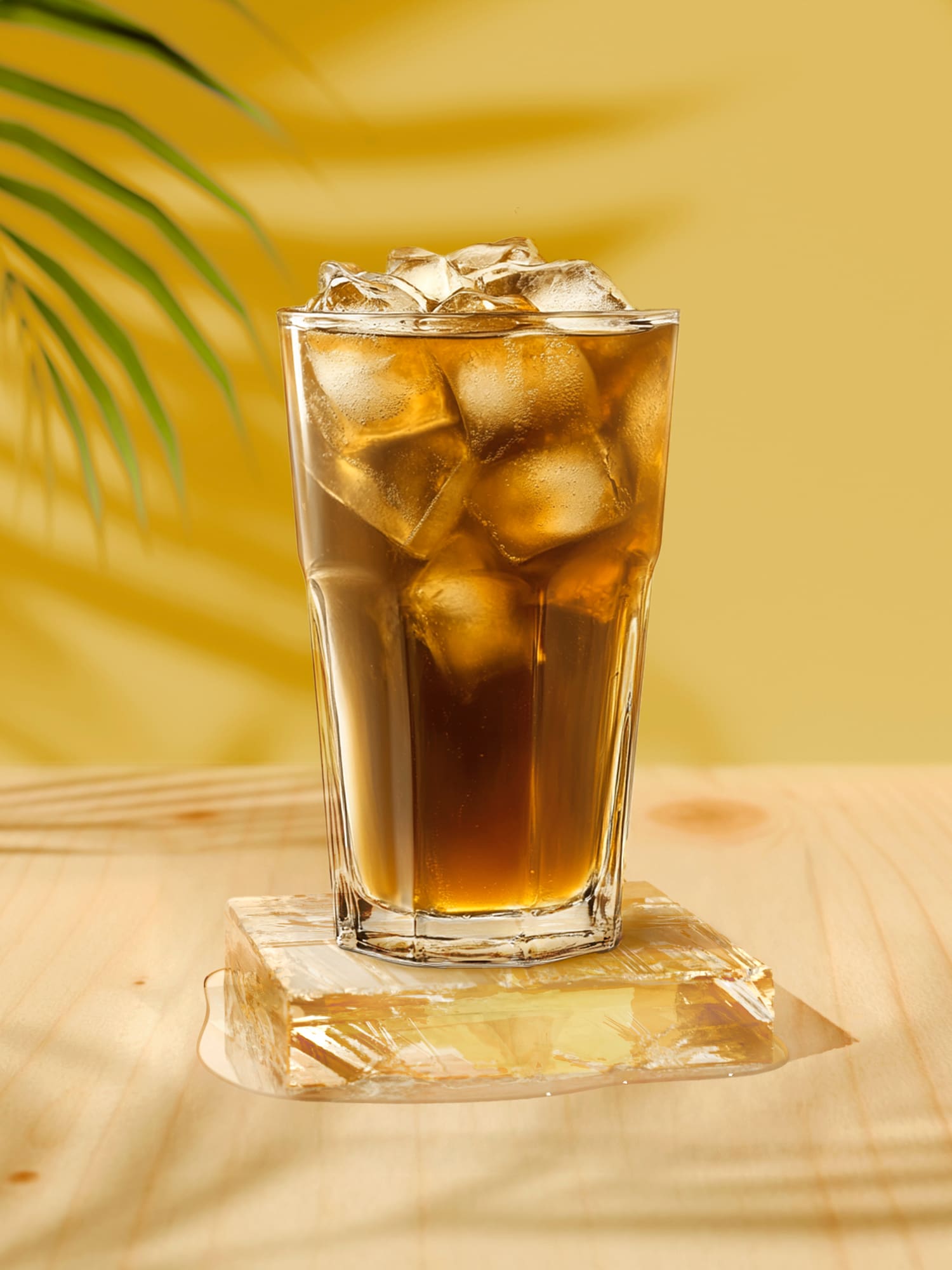 a glass of ice tea with brown liquid on a wooden surface