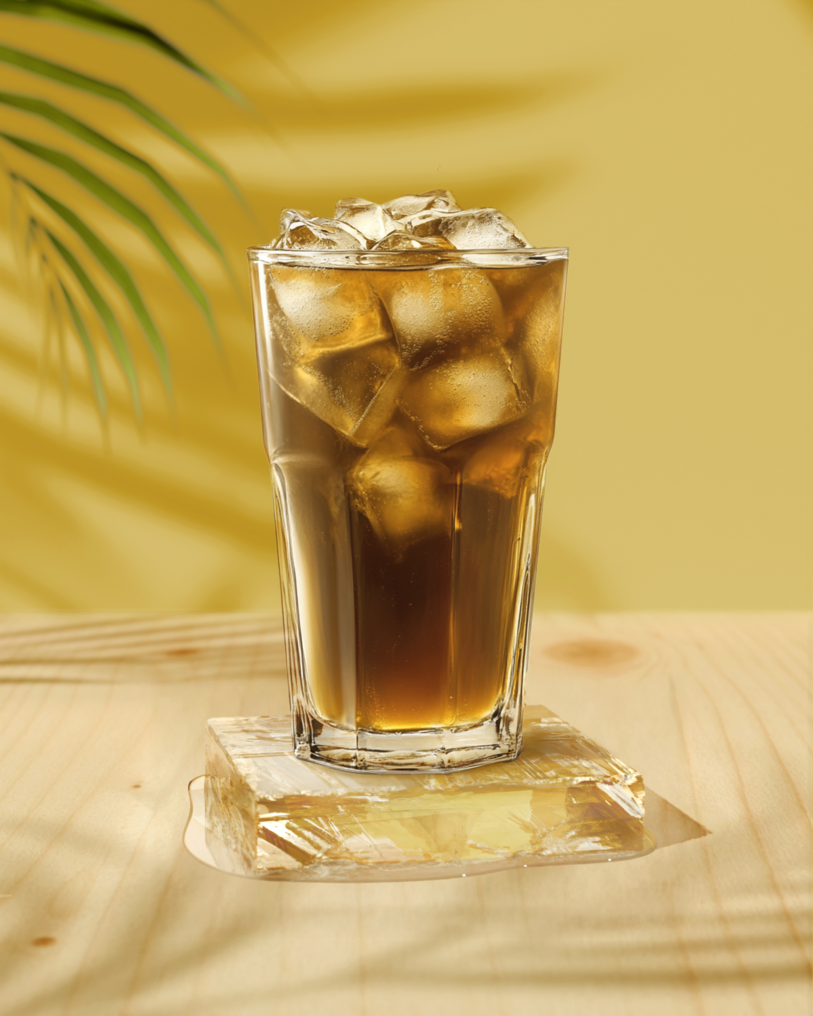 Iced tea with ice on wood, palm shadows, yellow background.