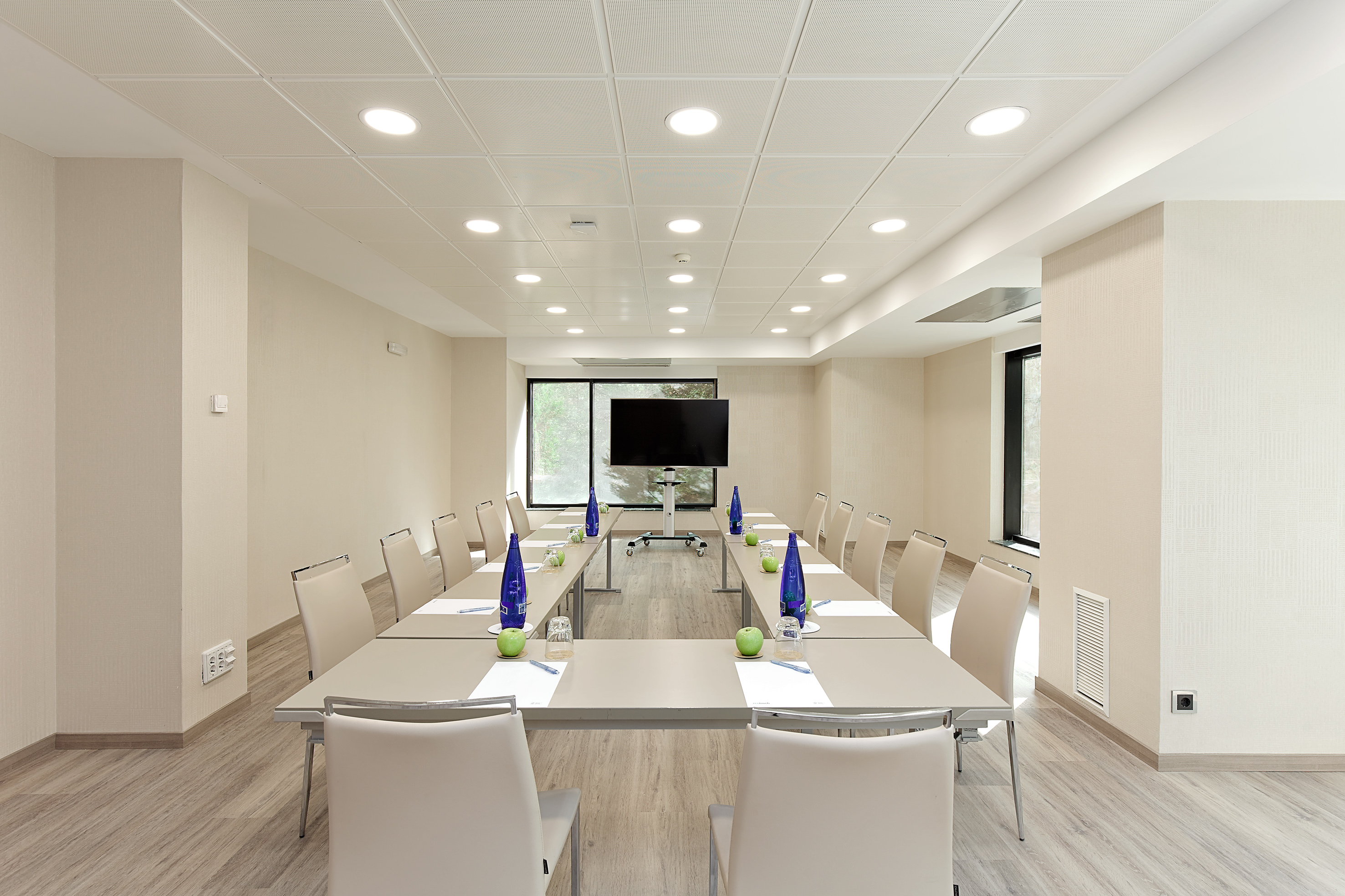 Professional conference room with U-shaped table, TV, and modern decor.