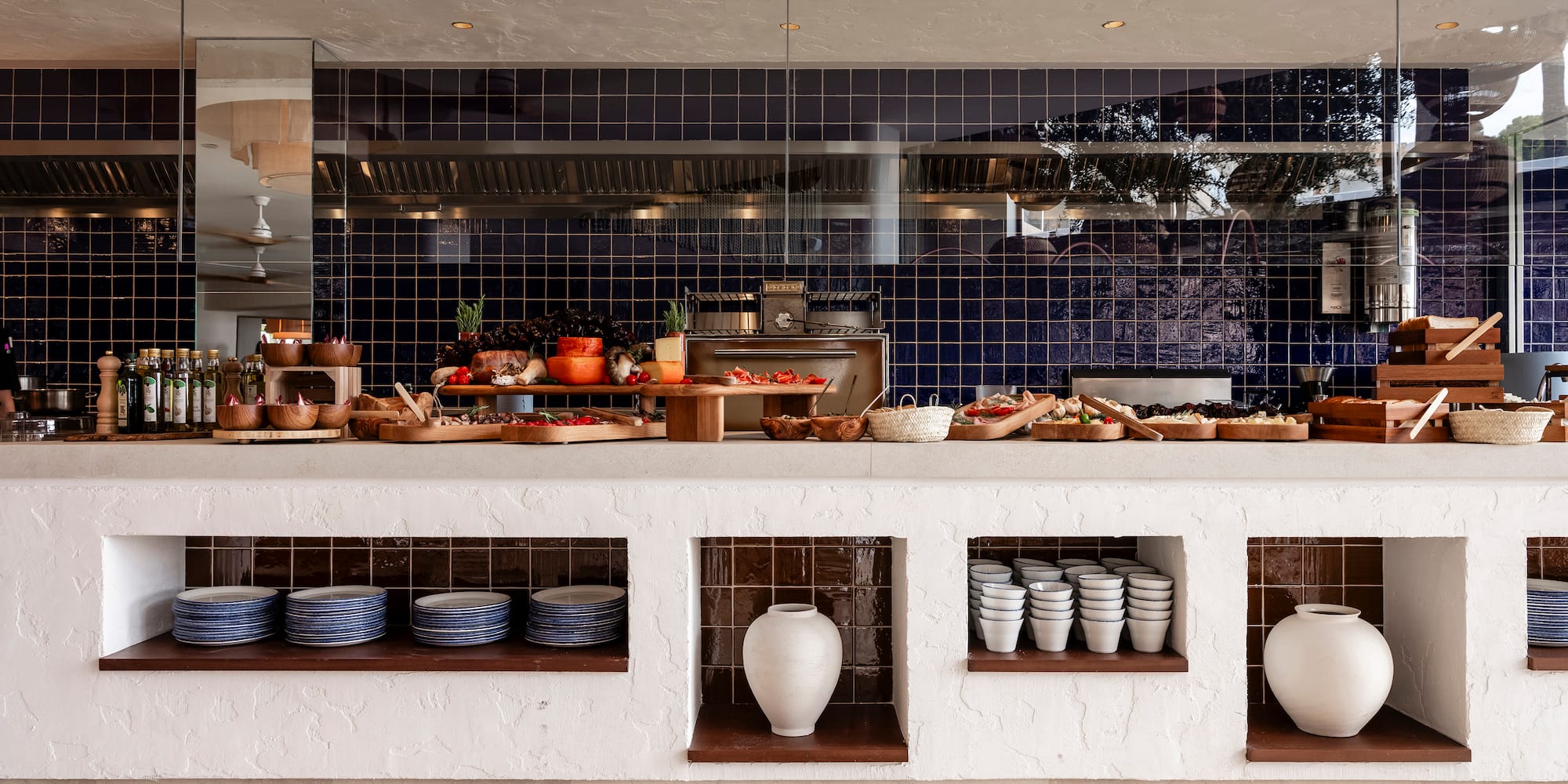 a buffet with food on the counter