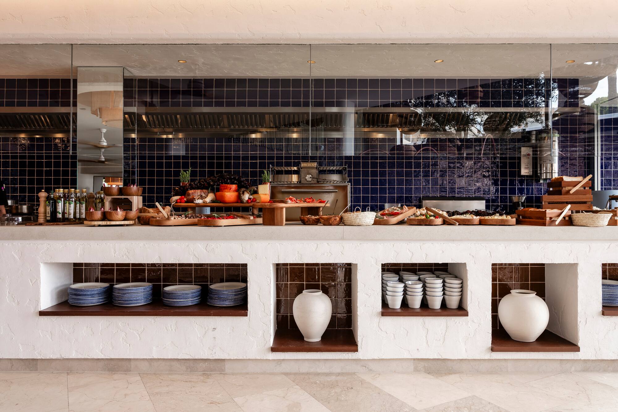 a buffet with food on the counter