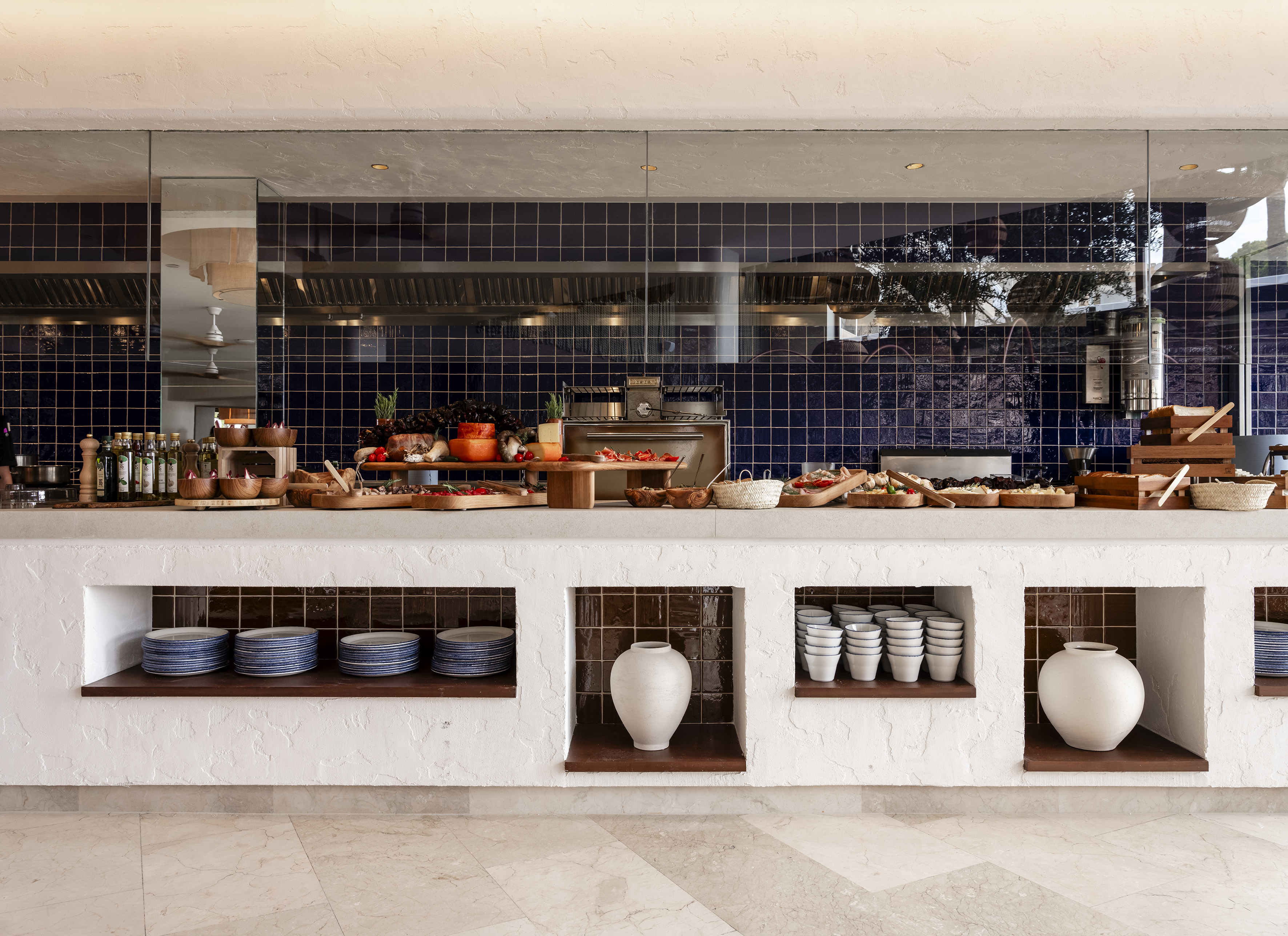 a buffet with food on the counter