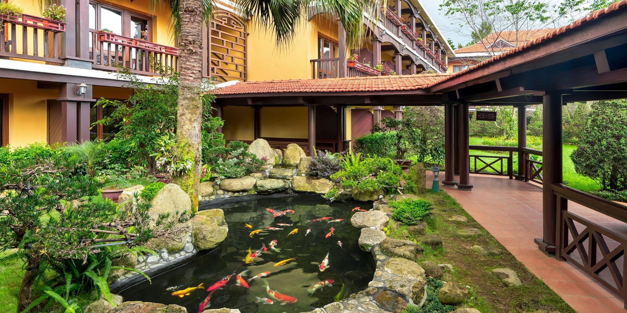 a pond with fish in it surrounded by trees and Jim Thompson House