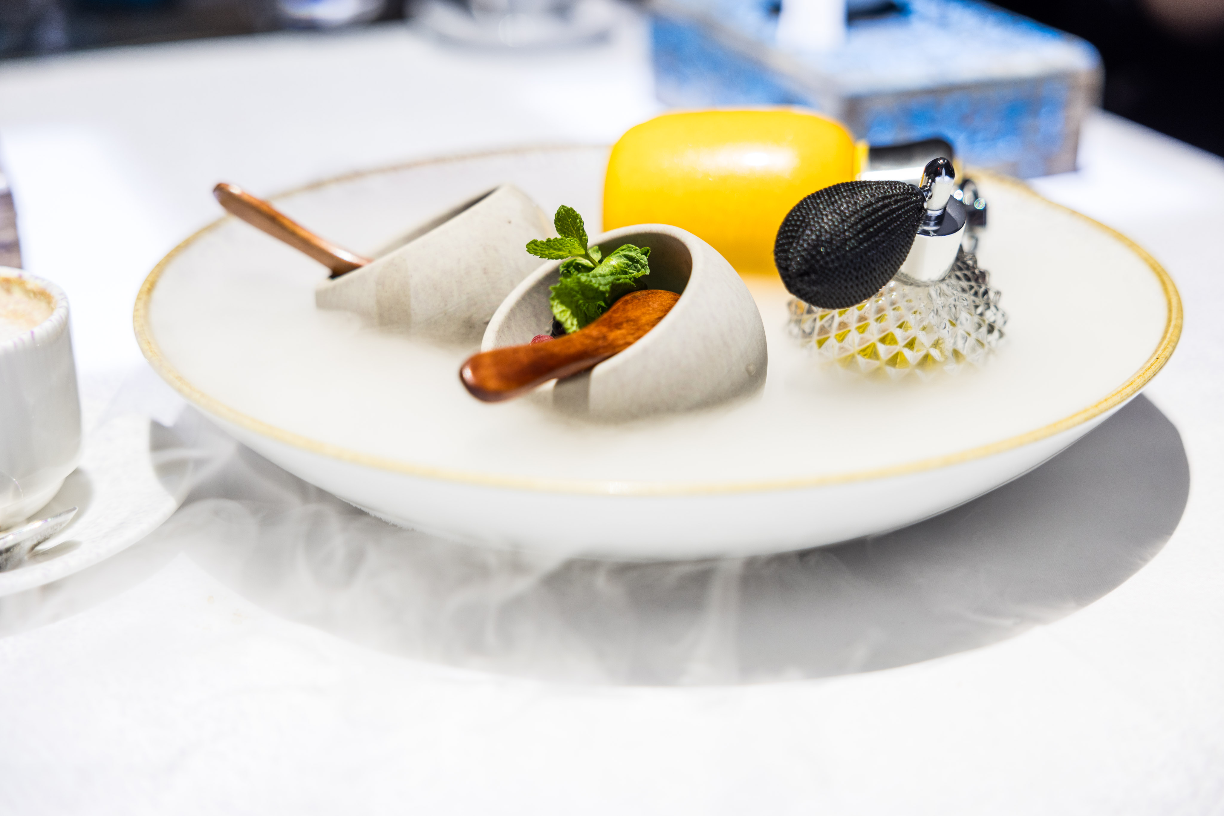 Molecular gastronomy dessert with dry ice, mint, and aroma dispenser.