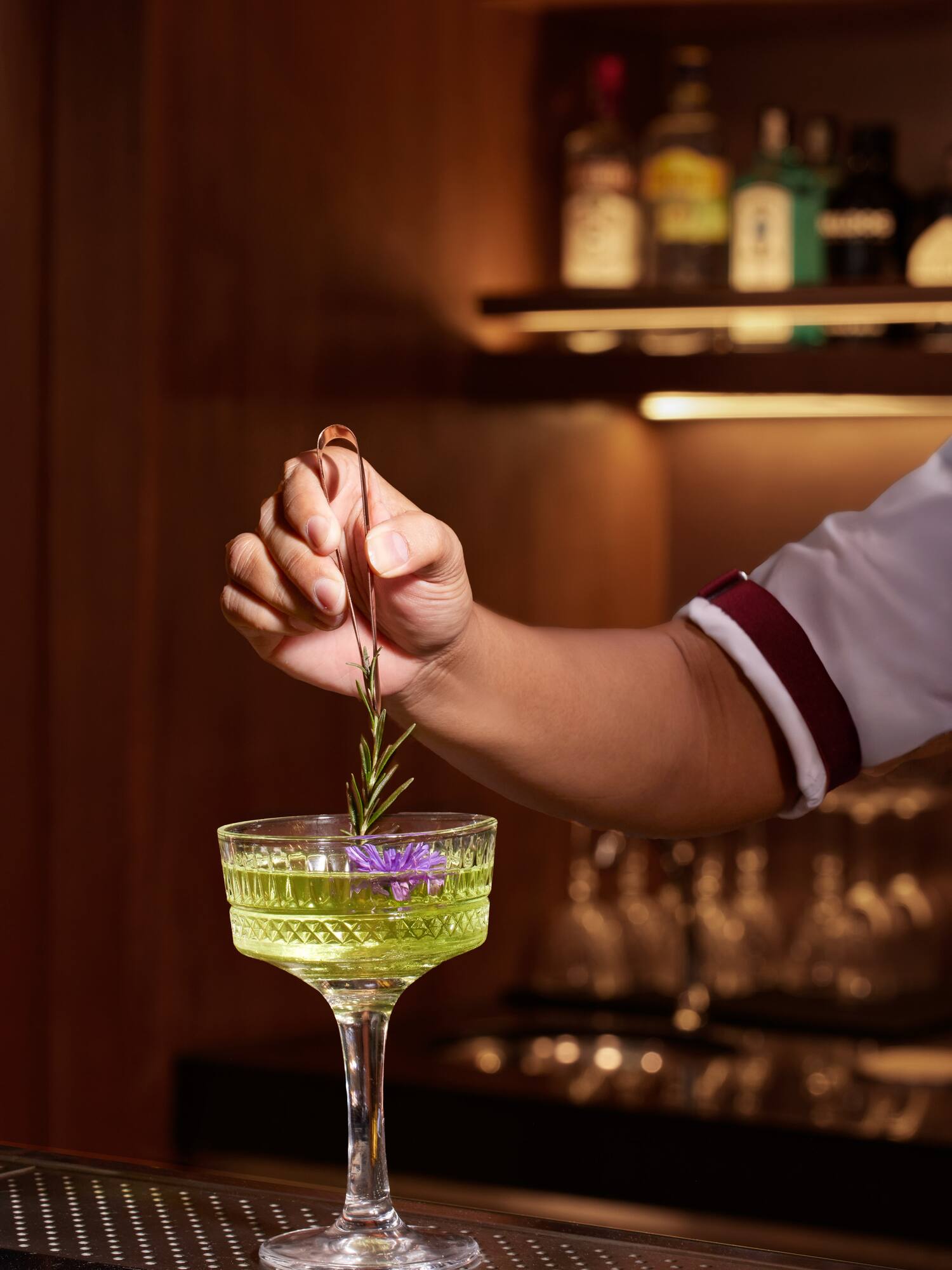 a person holding a stem of a plant in a glass