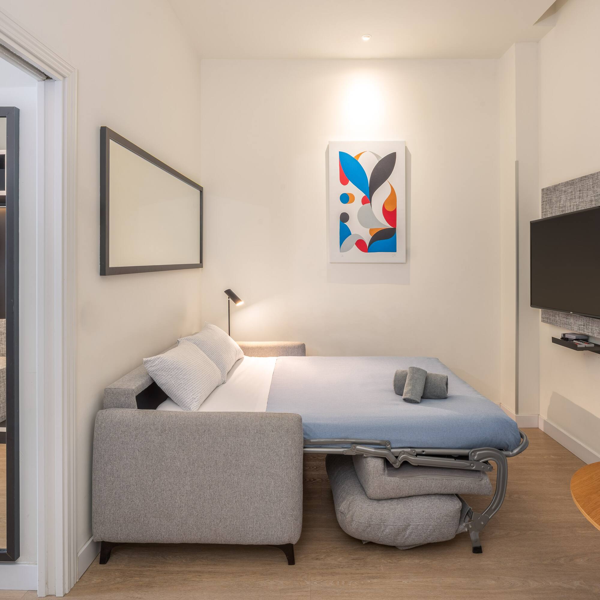 Modern studio featuring a sofa bed, wall TV, abstract art, and open closet.