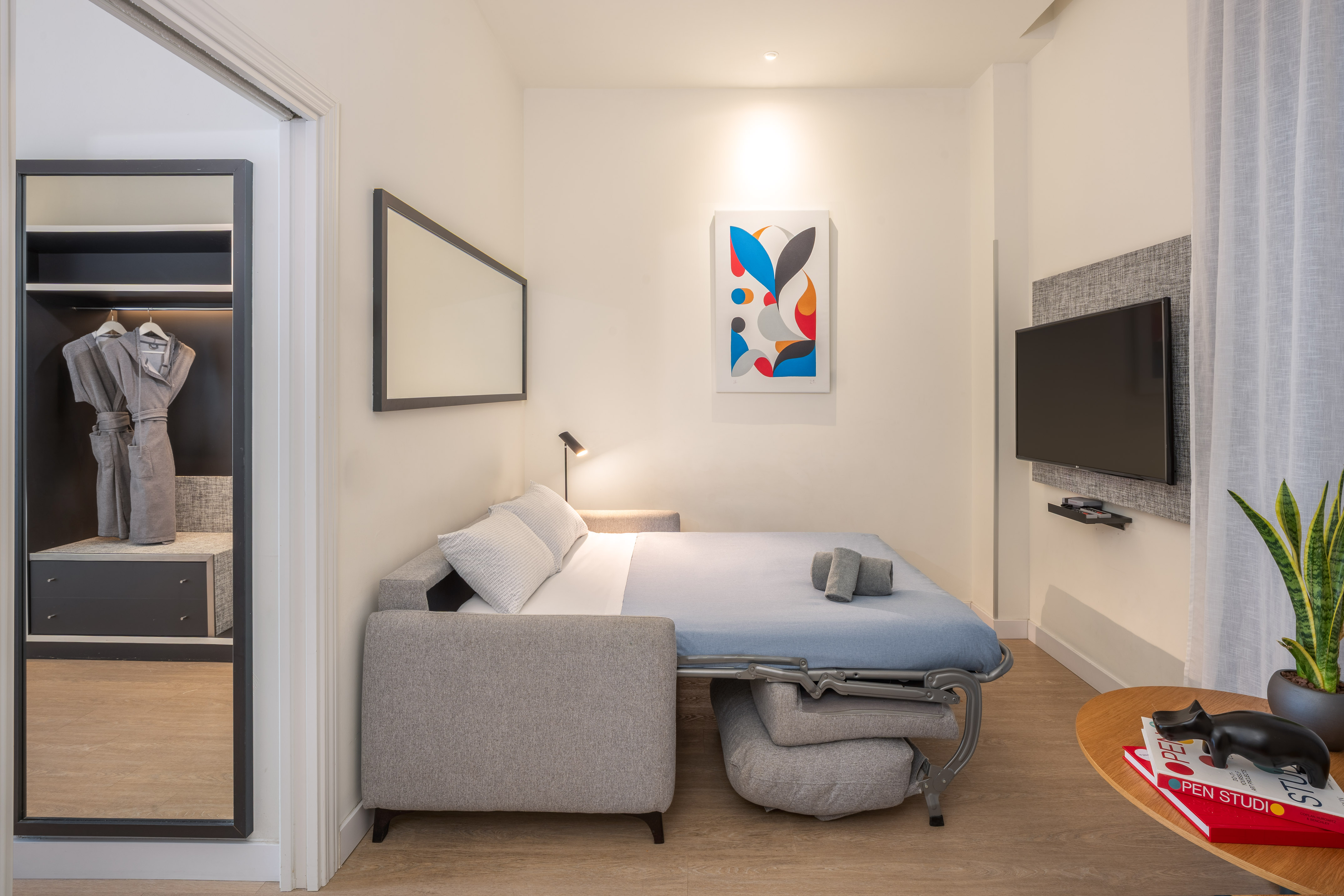 Modern studio apartment with sofa bed, wall TV, and open closet.