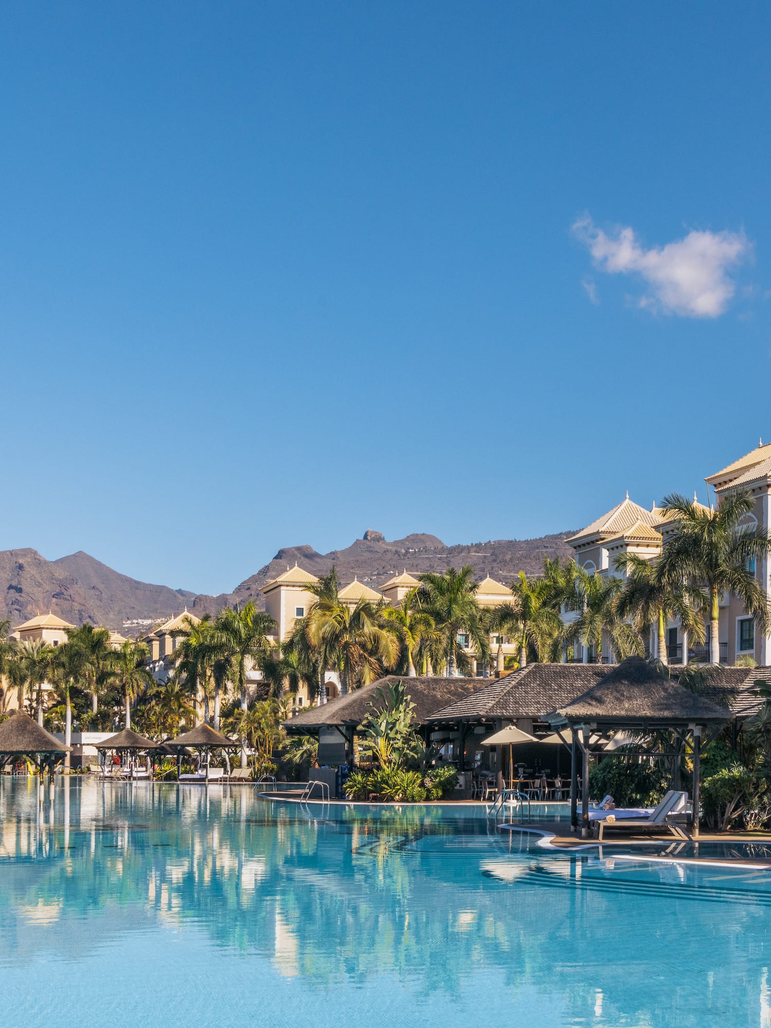 Tropical resort pool, palm trees, elegant hotel, and mountains.