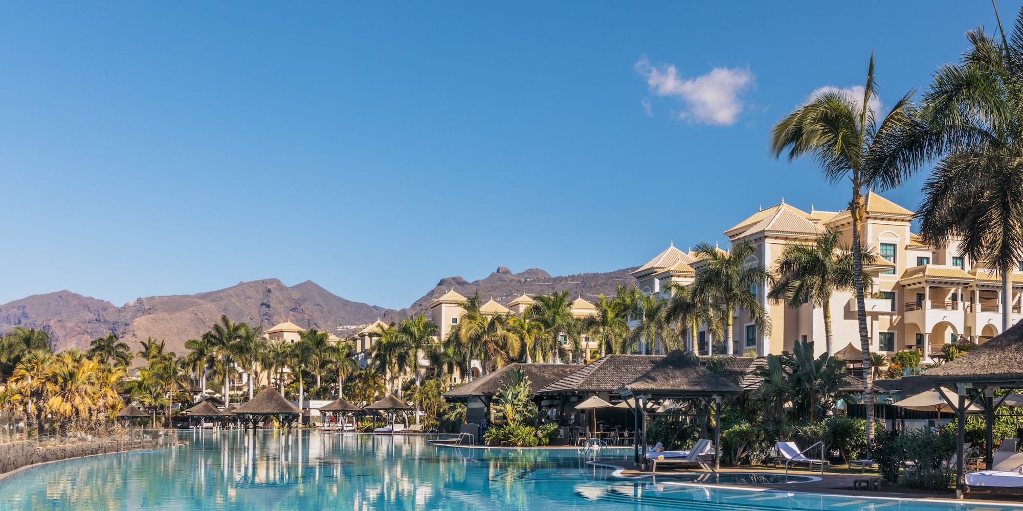 a pool with palm trees and buildings in the background