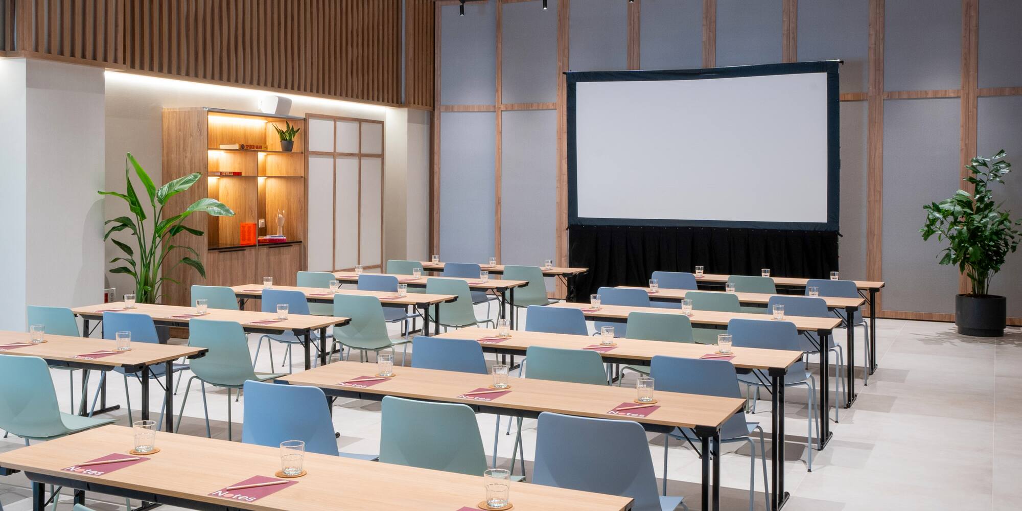 a room with tables and chairs