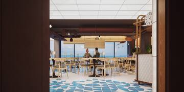 a room with tables and chairs and a large window