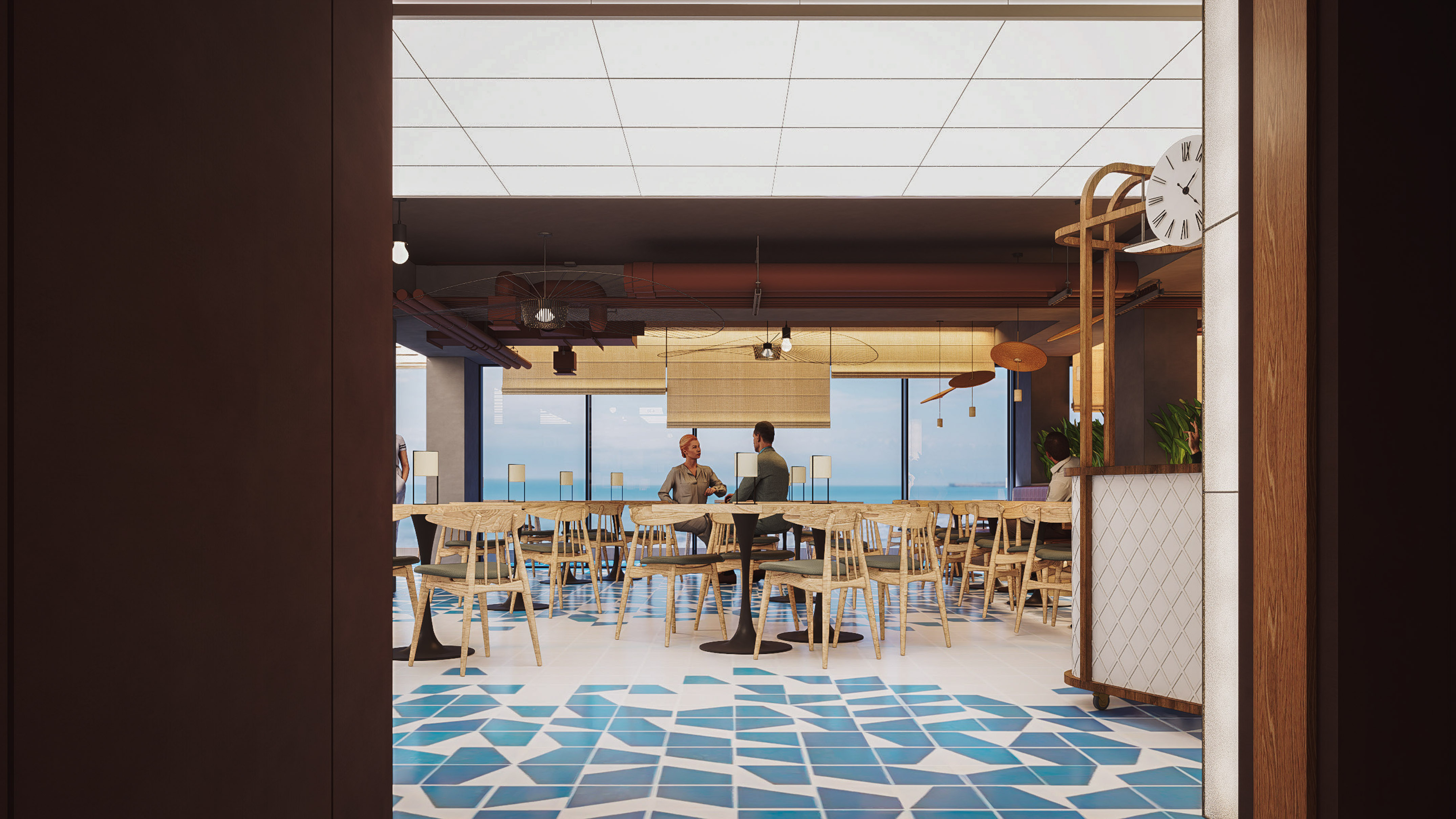 a room with tables and chairs and a large window