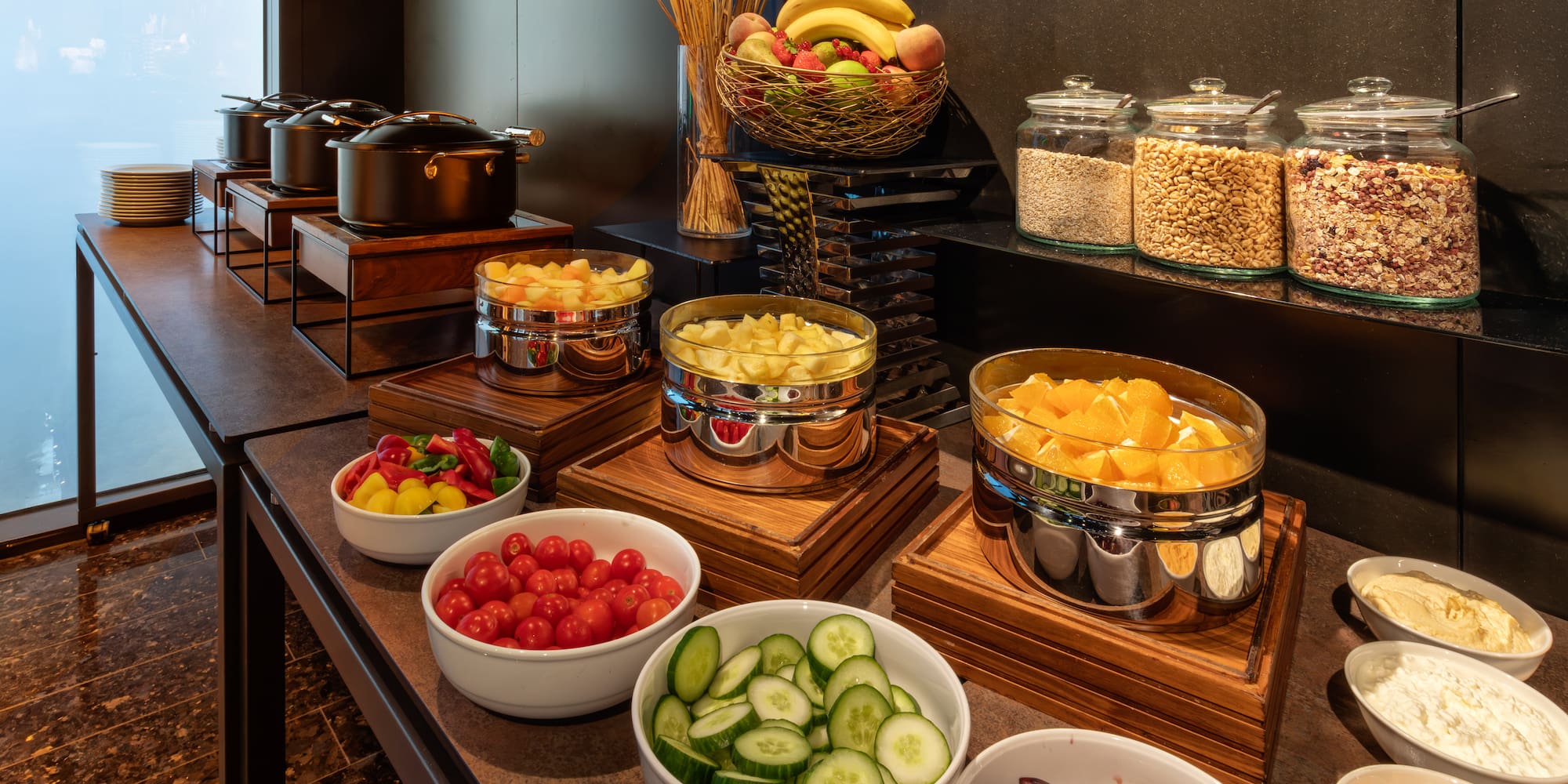 a buffet table with different food items