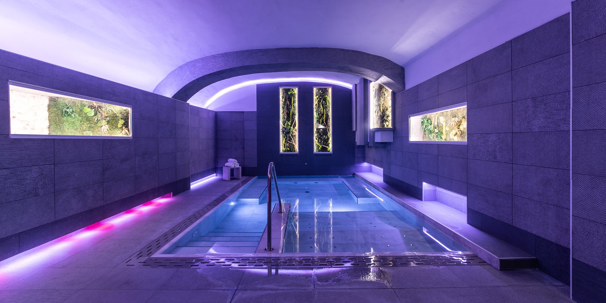 a pool with a ladder in a room with plants and lights