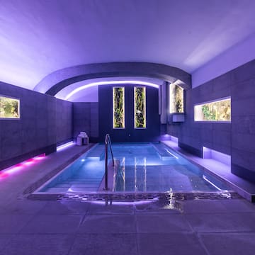 a pool with a ladder in a room with plants and lights