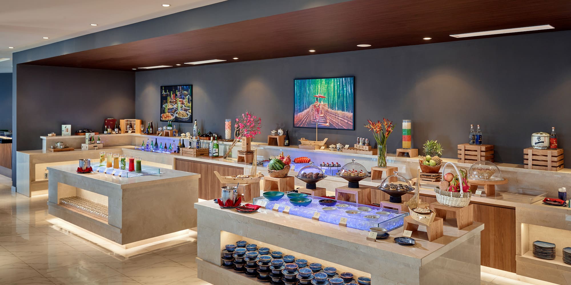 a buffet with food on shelves