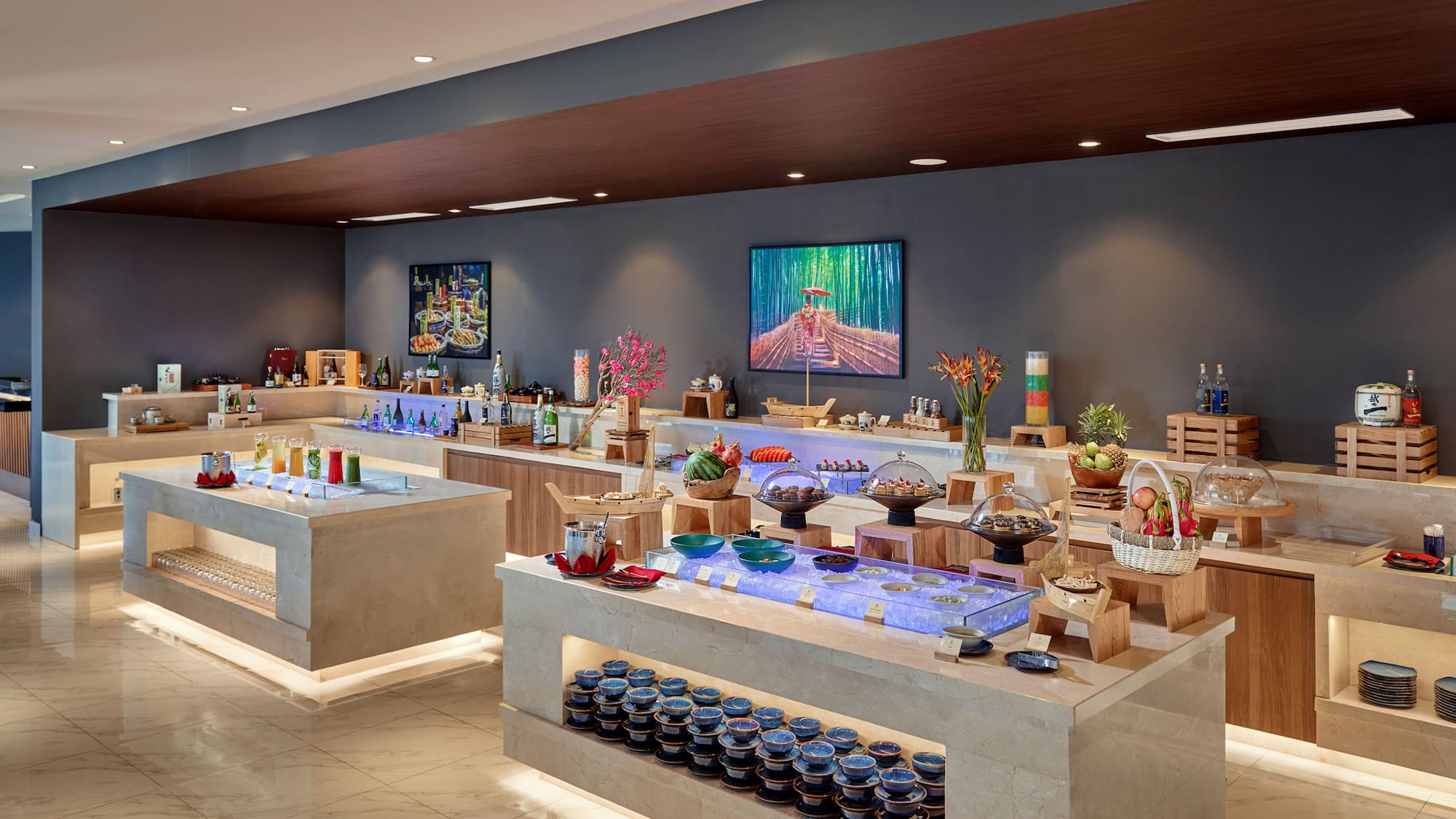 a buffet with food on shelves