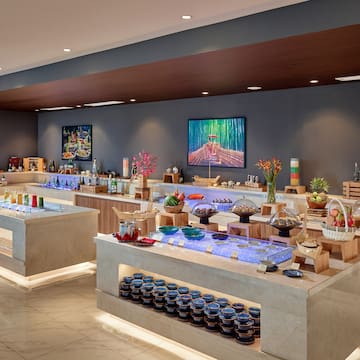 a buffet with food on shelves