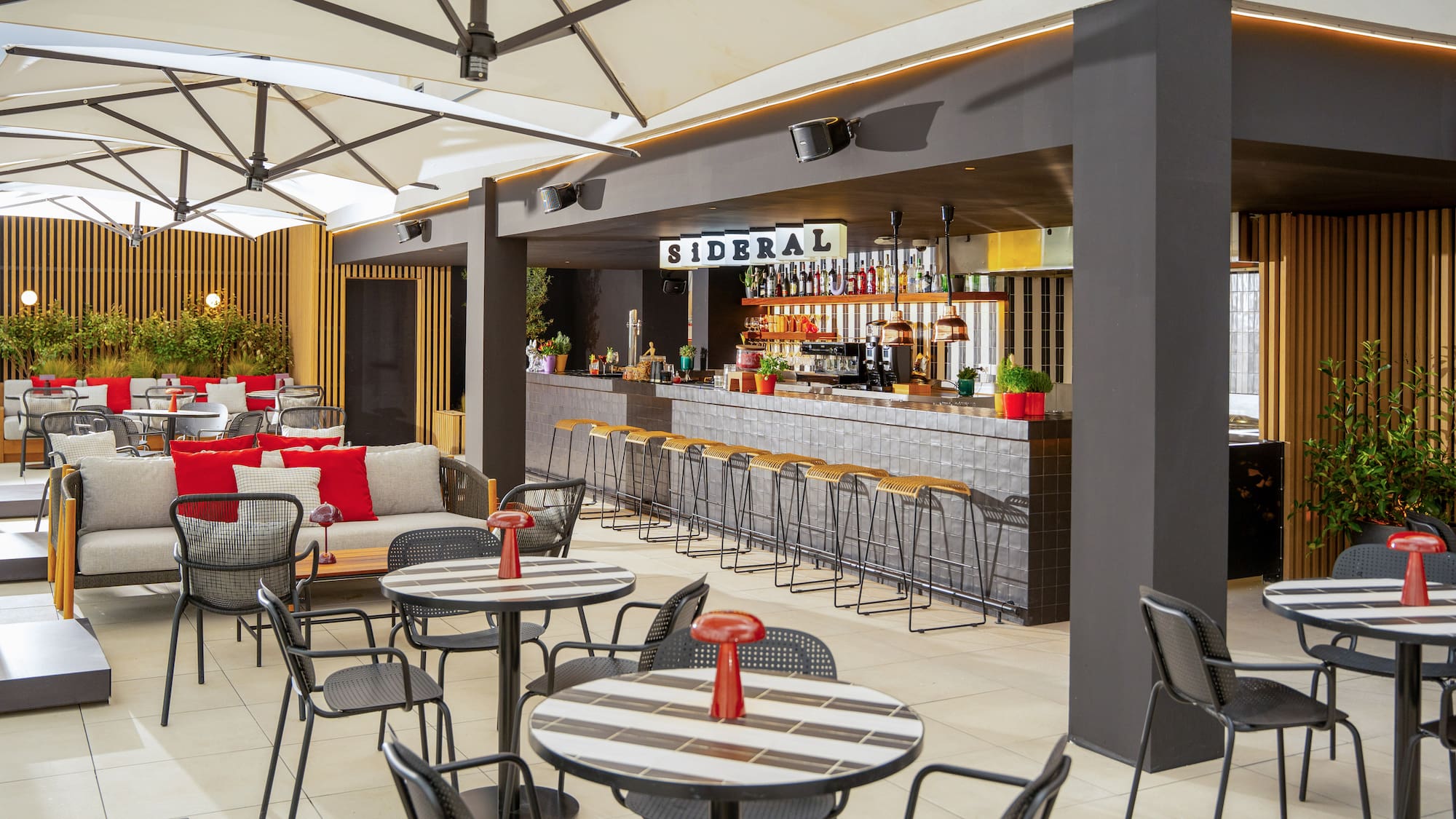 a restaurant with tables and chairs