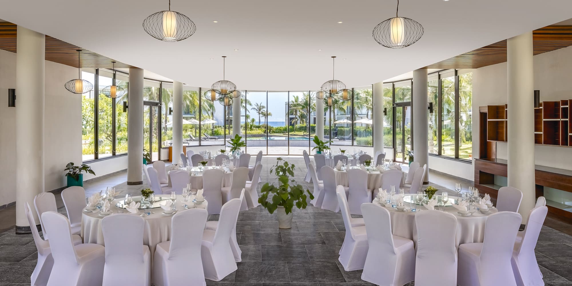 a room with tables and chairs