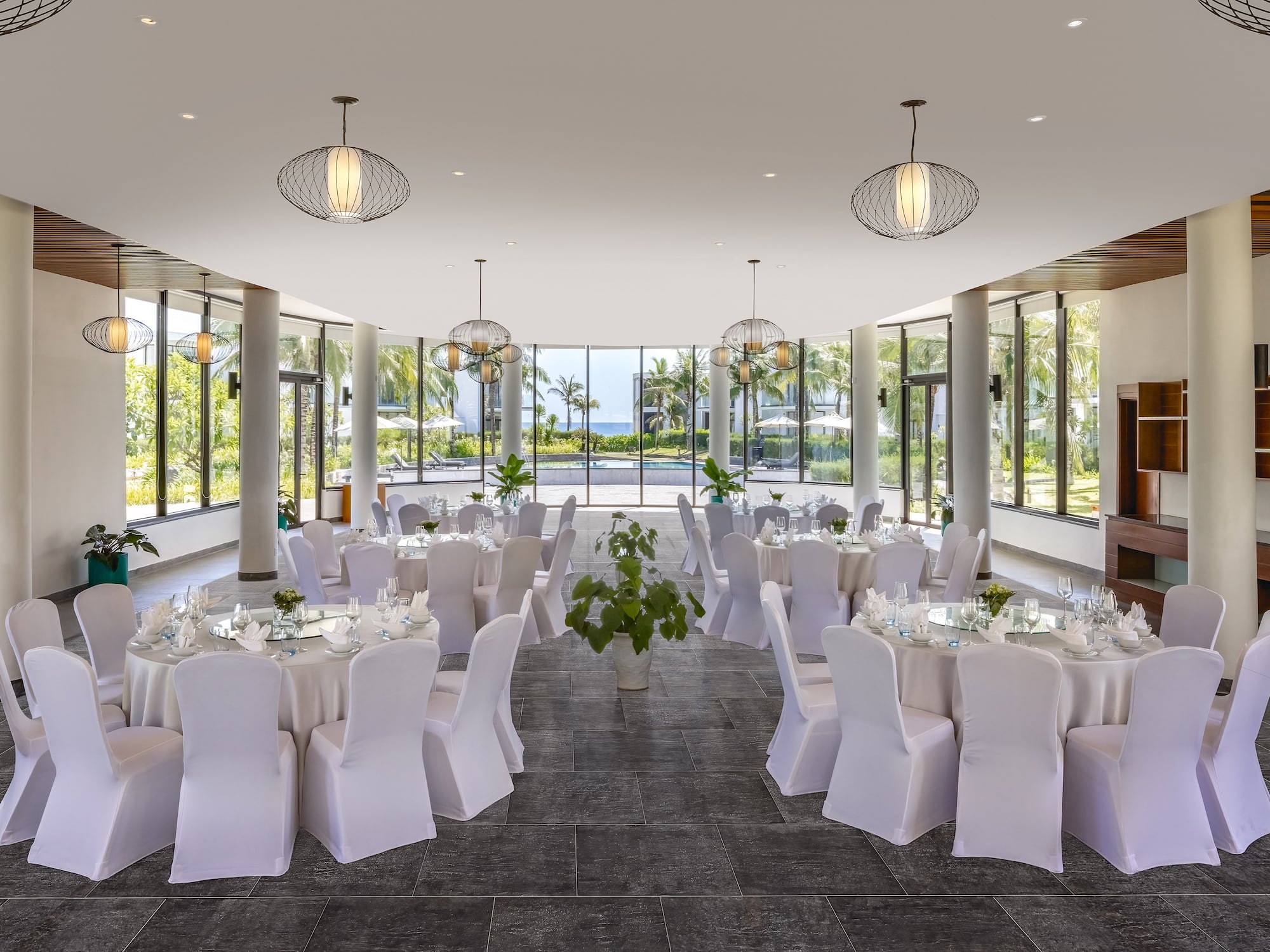 a room with tables and chairs