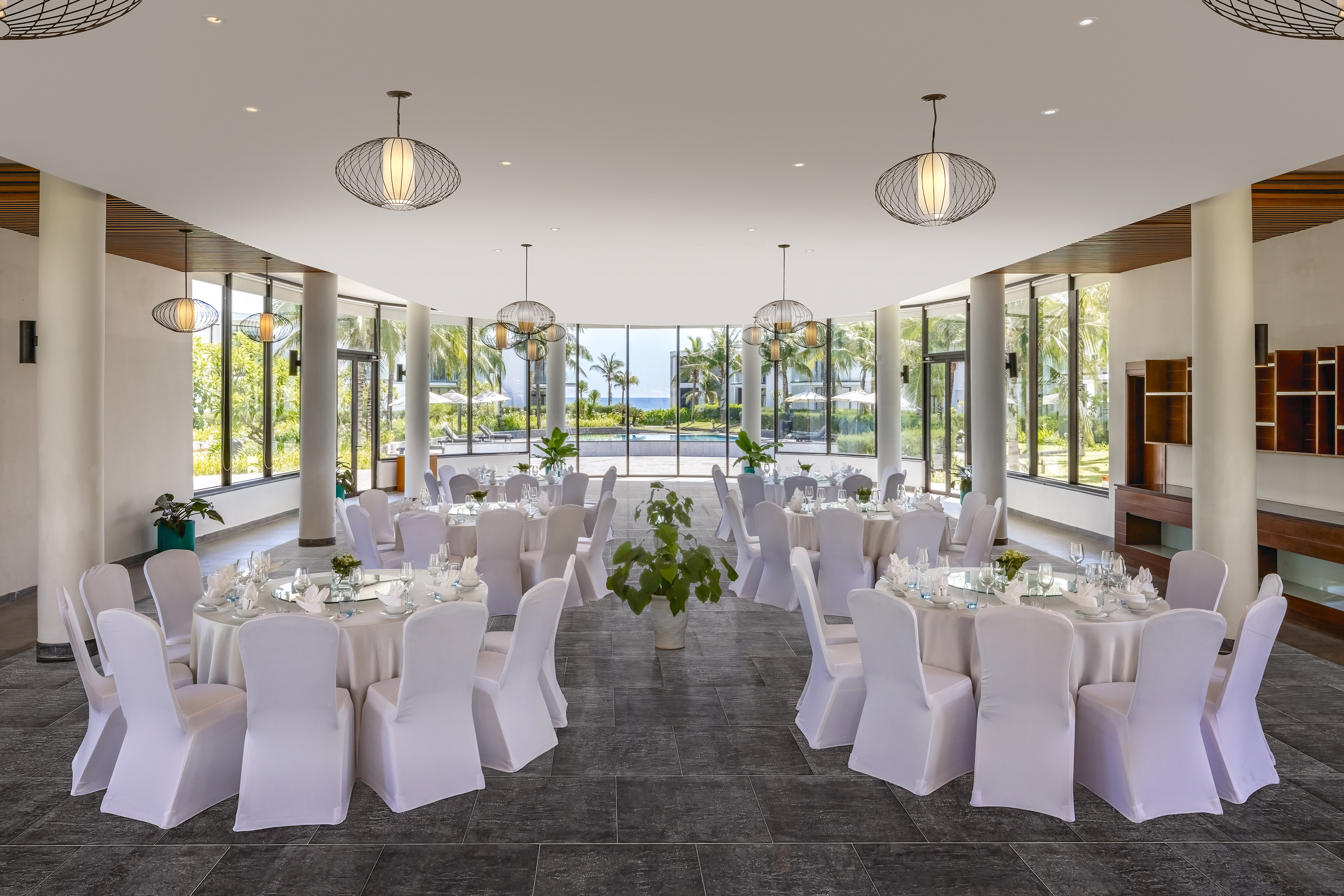 a room with tables and chairs