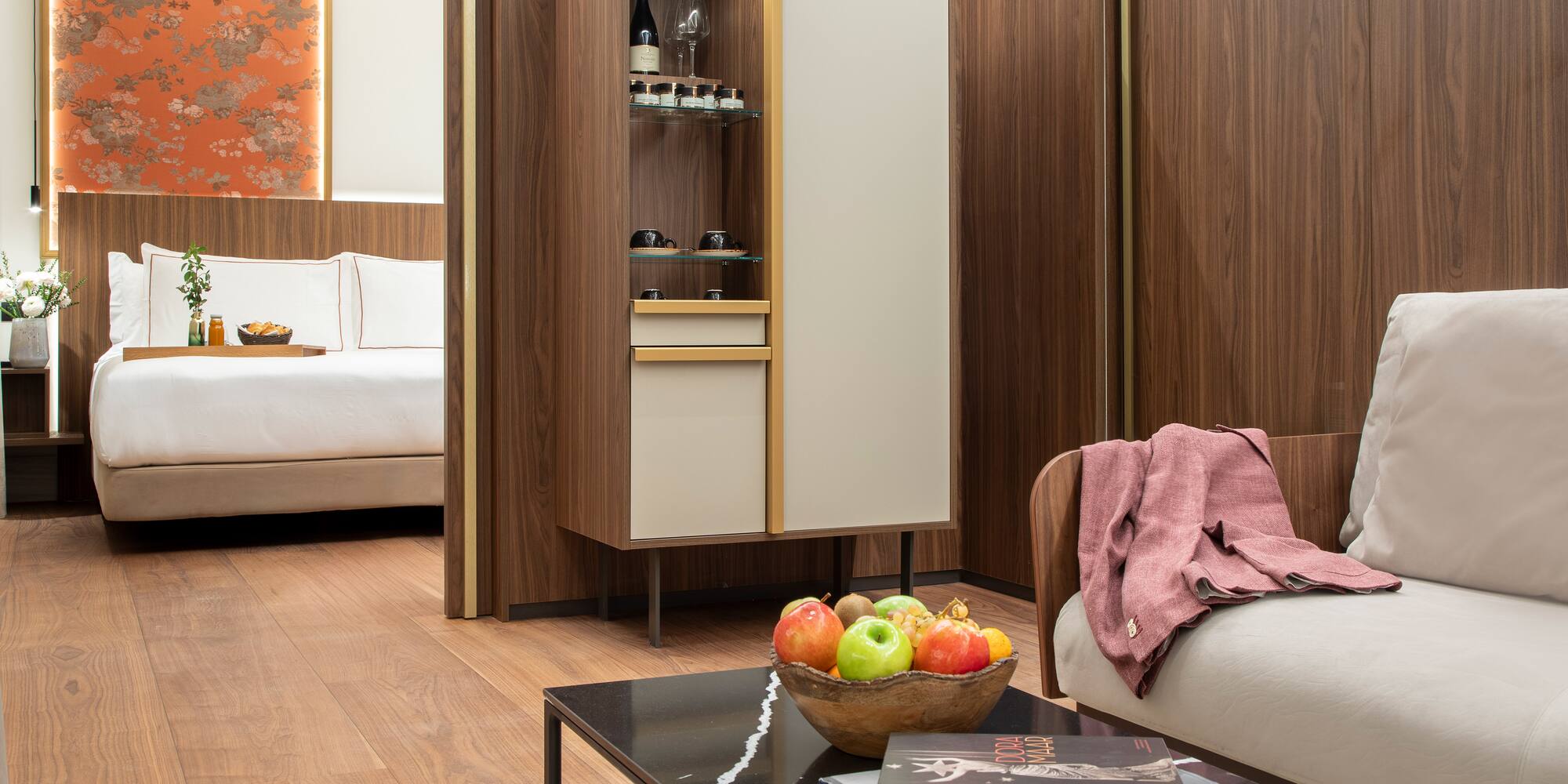 a room with a couch and a coffee table