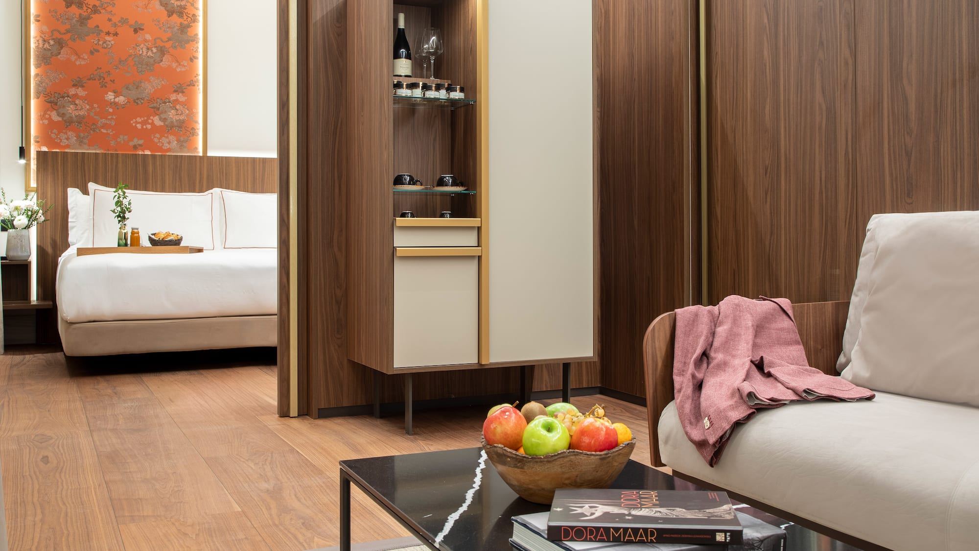 a room with a couch and a coffee table