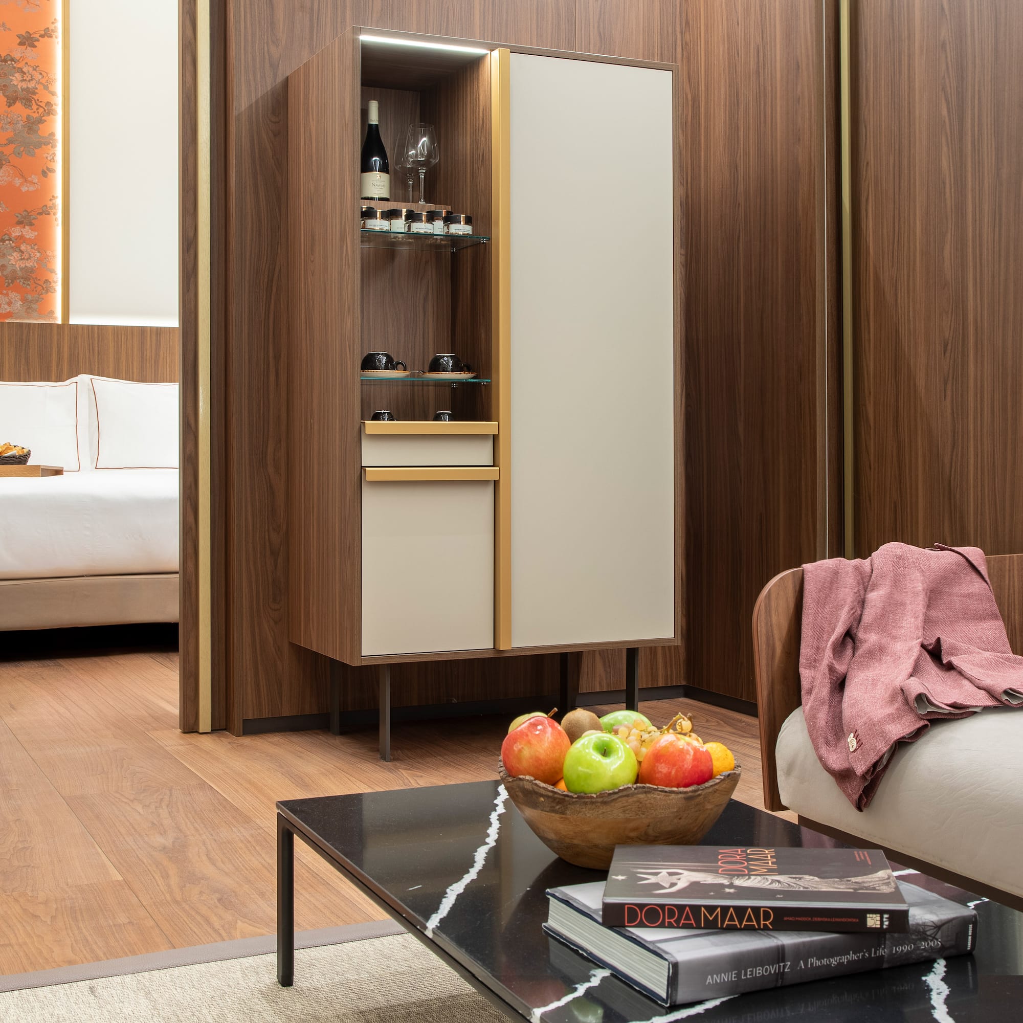 a room with a couch and a coffee table