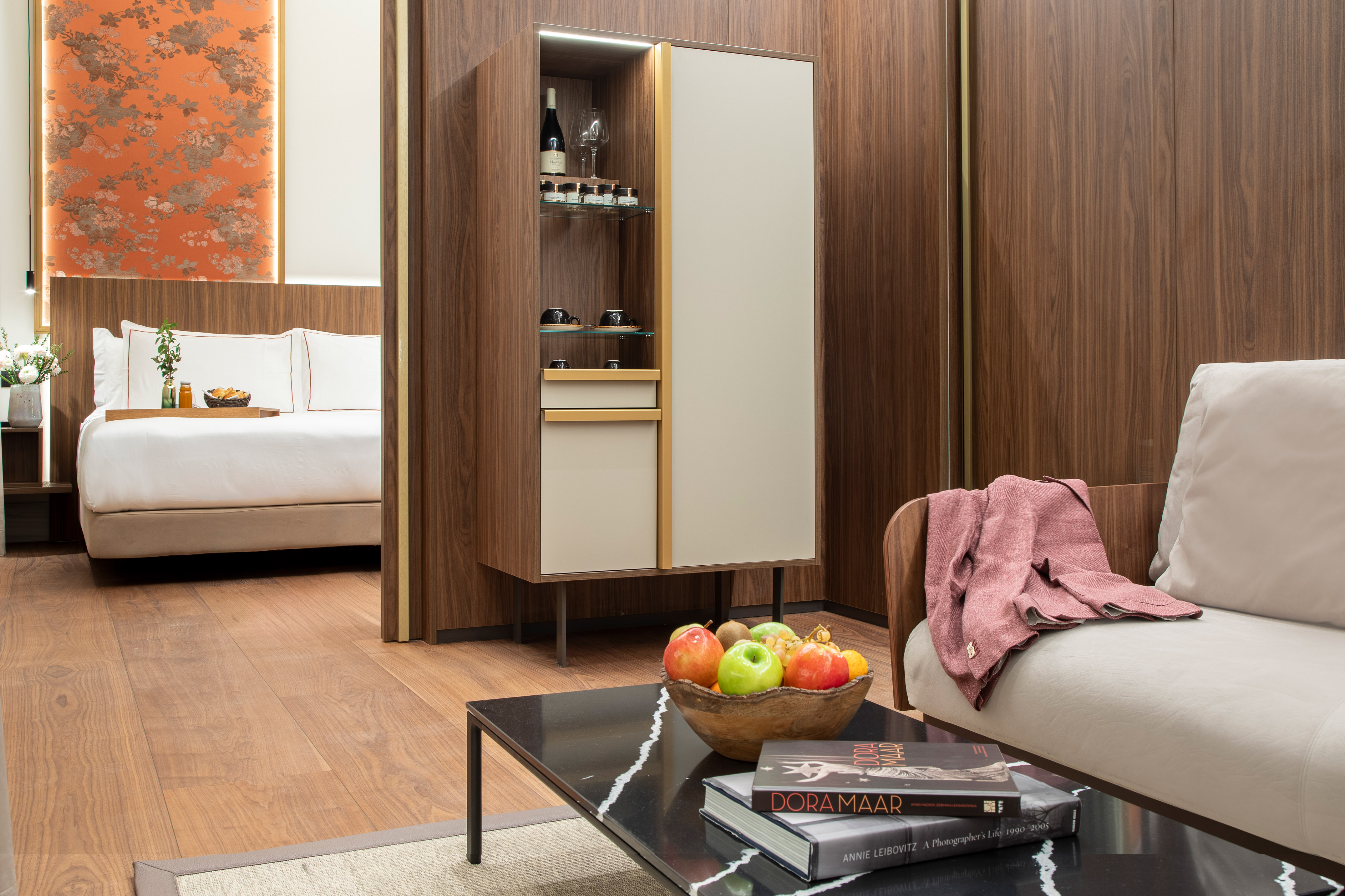 a room with a couch and a coffee table