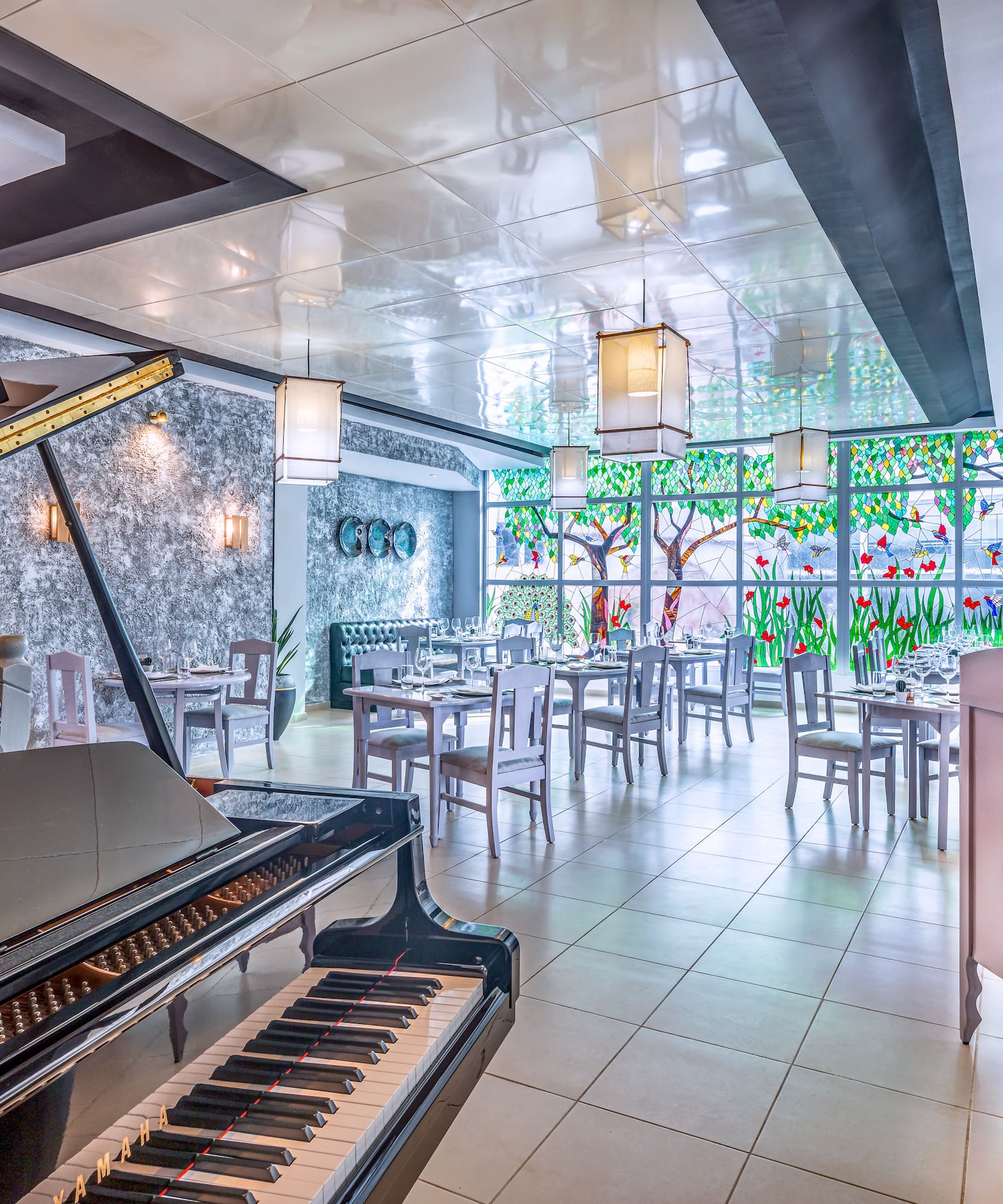 a piano in a restaurant