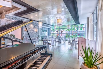 a piano in a restaurant