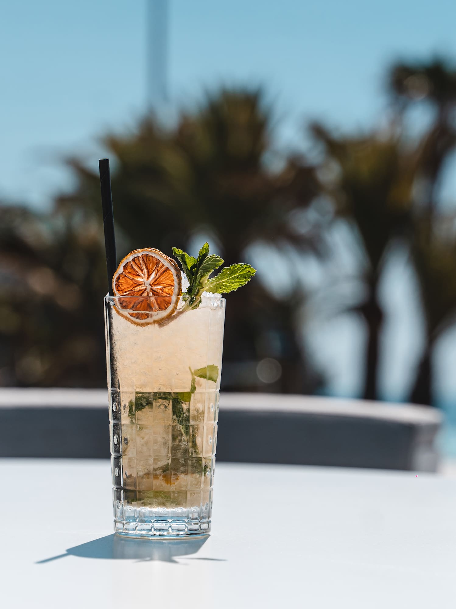 Refreshing summer cocktail with dried orange and mint at a resort.