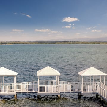 a white walkway over water