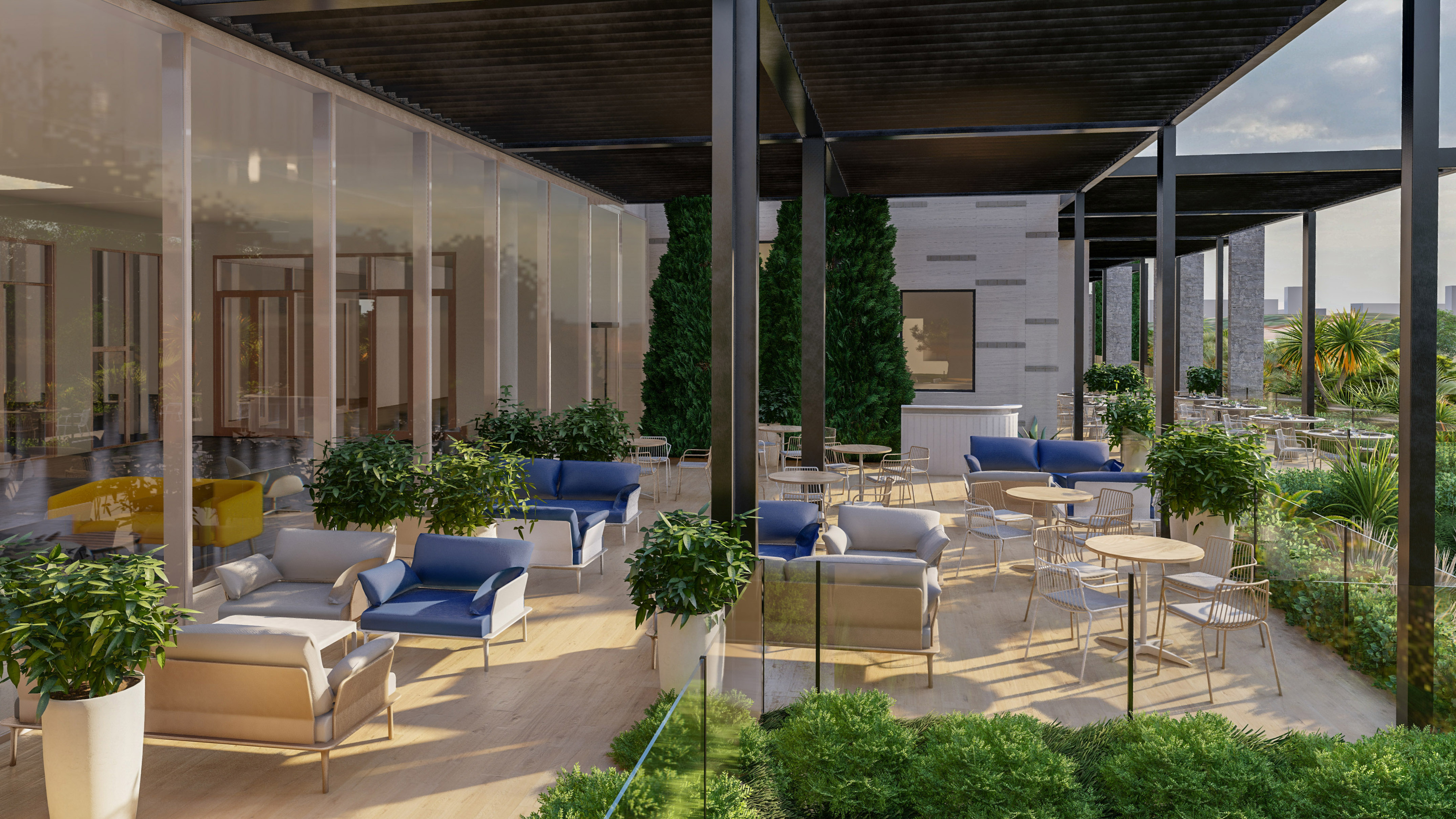 a patio with chairs and tables