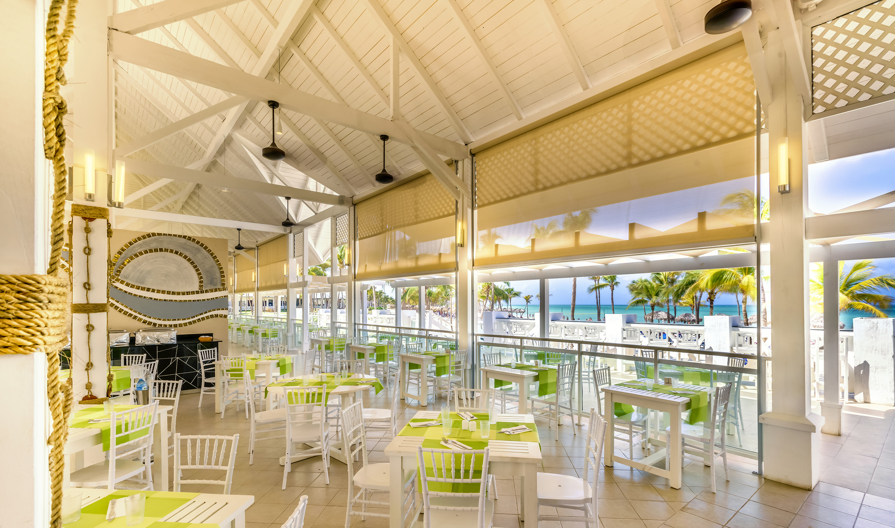 a room with tables and chairs