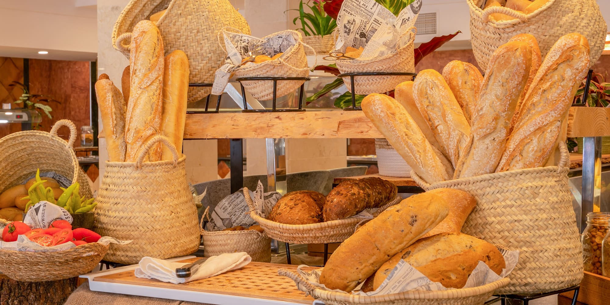 a display of bread and bread in baskets