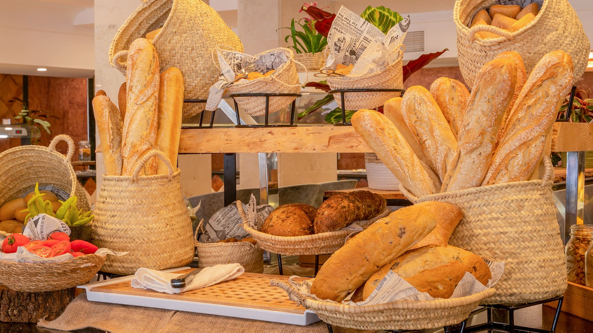a display of bread and bread in baskets
