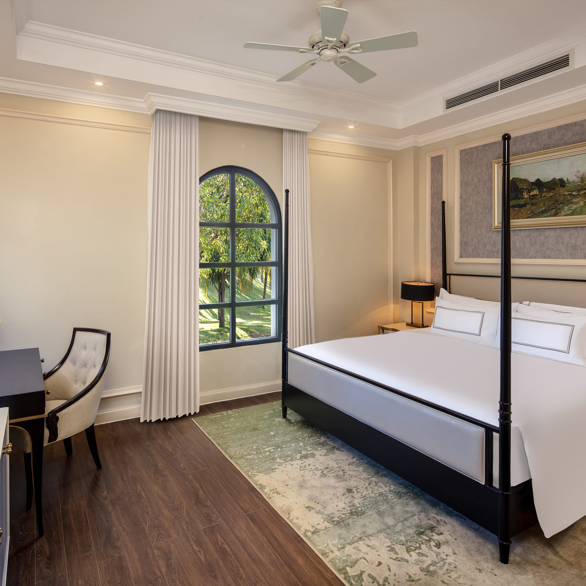 a room with a bed and a desk