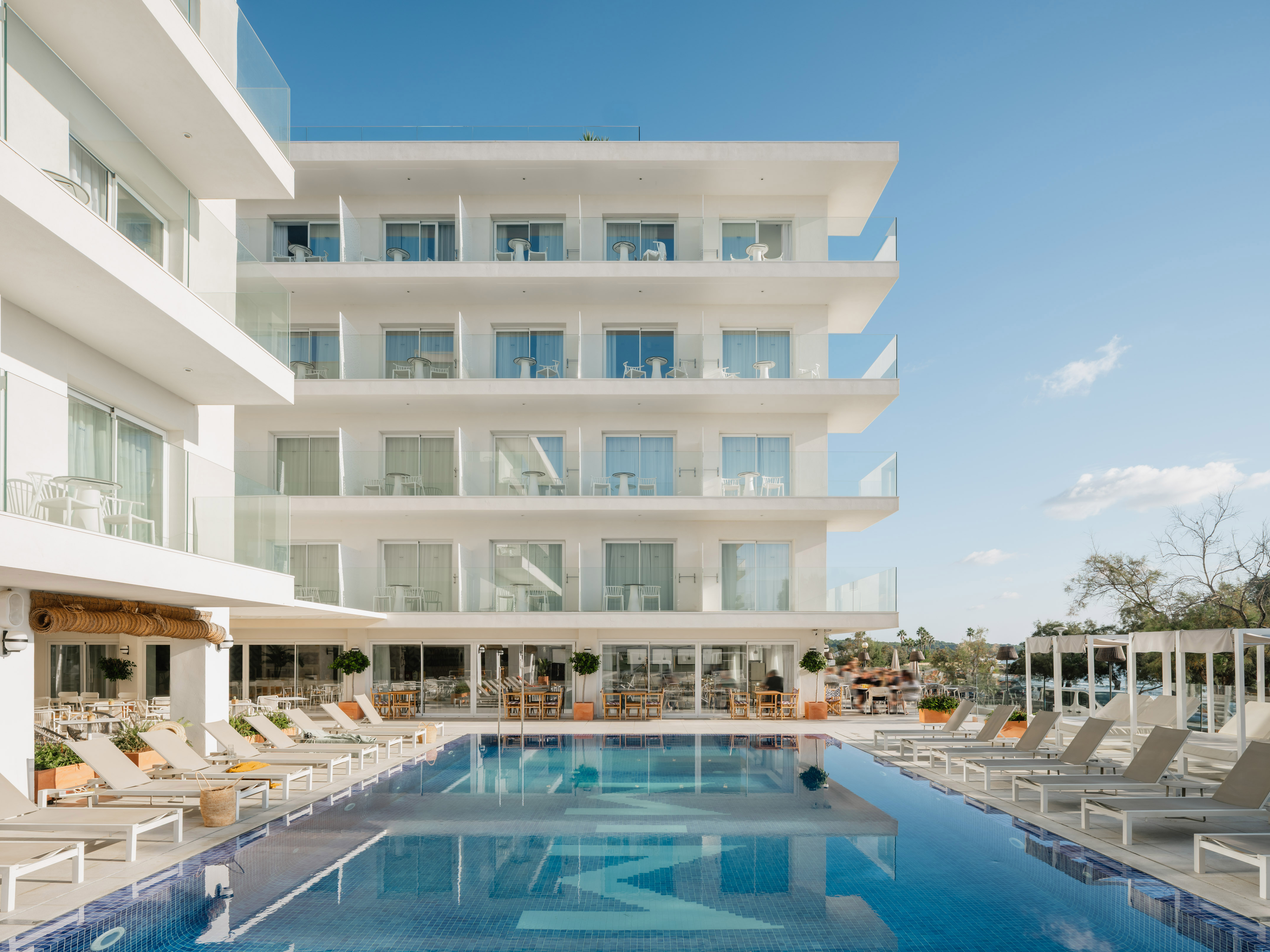 a pool in front of a building