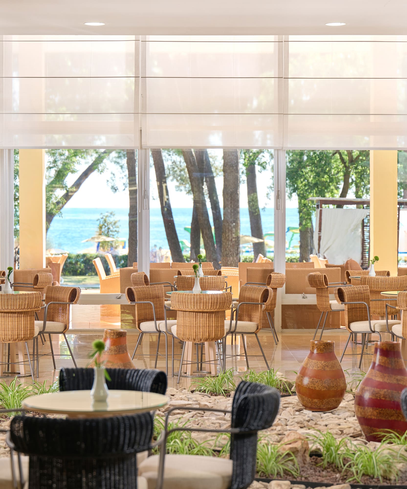 a room with tables and chairs